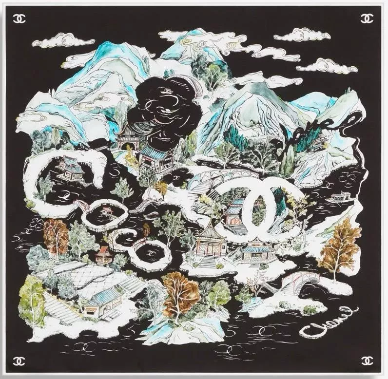 26C Coco山水畫真絲方巾｜90×90山水庭院印花絲巾・藝術收藏款