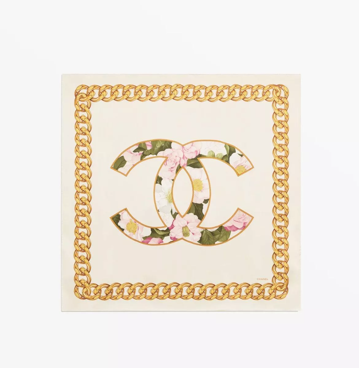 珠寶鏈條花卉真絲方巾｜90×90花卉鏈條印花絲巾・白金色