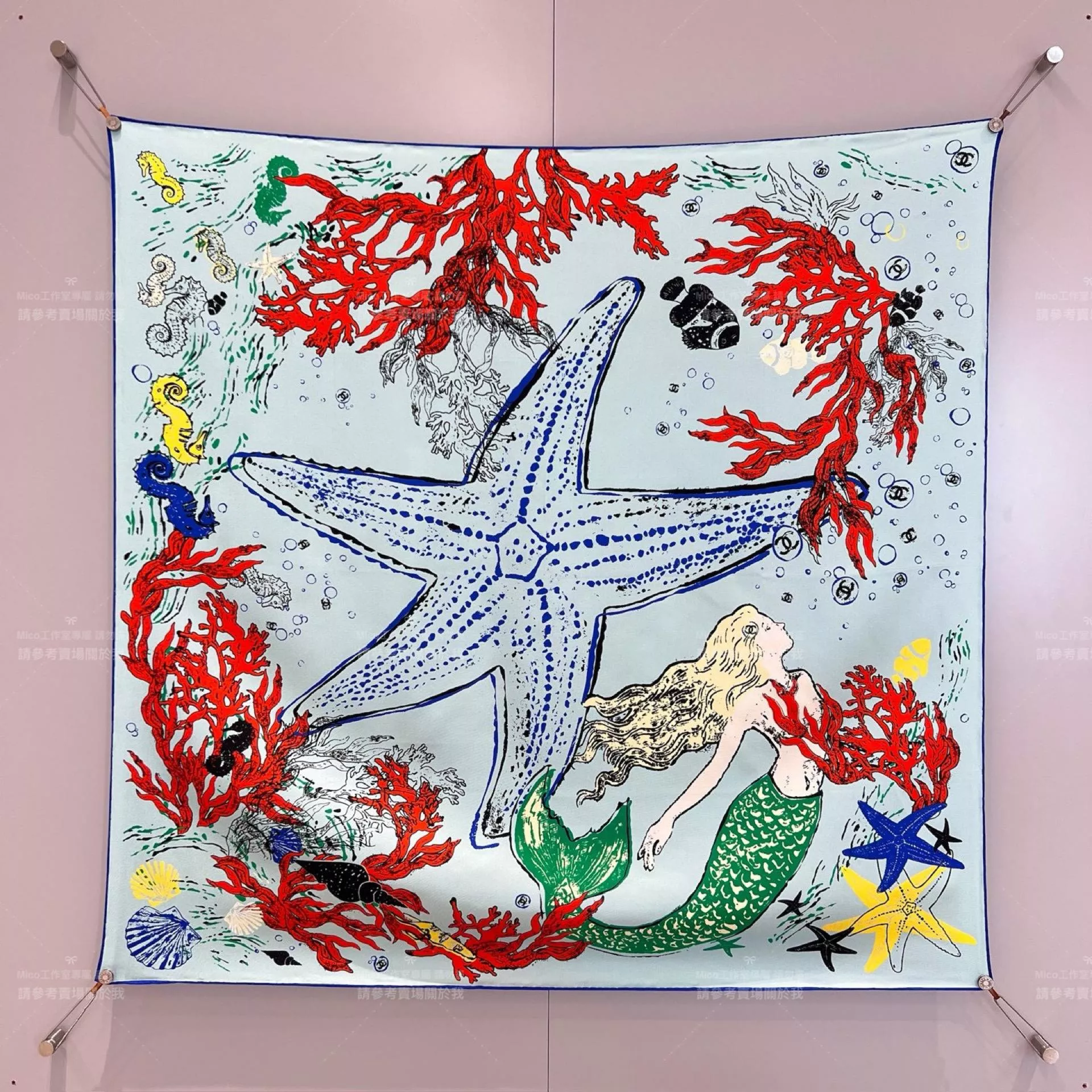 26M 海底世界藍色真絲方巾｜90×90桑蠶絲絲巾・海洋印花方巾