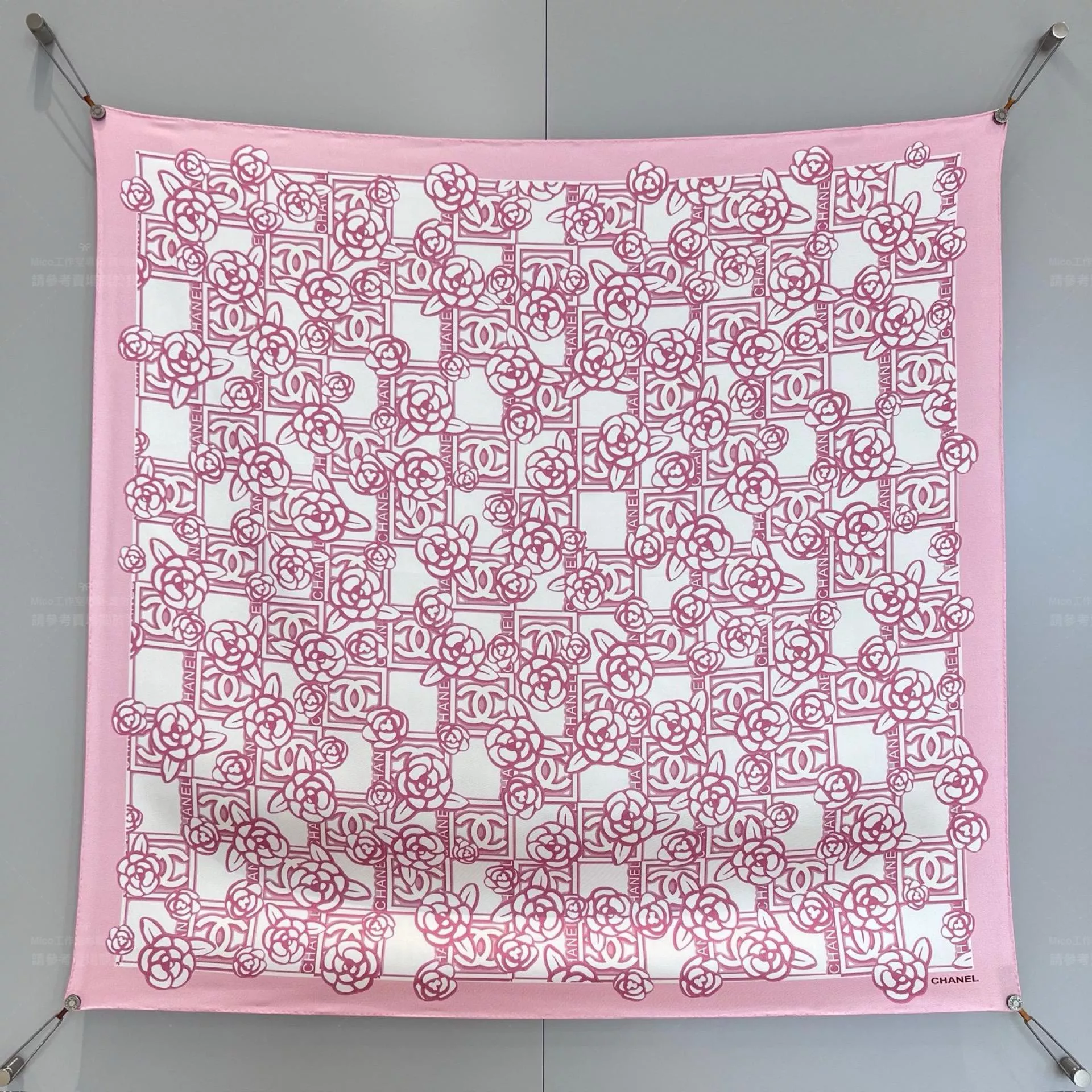 25K 山茶花夢幻網真絲方巾｜90×90粉色山茶花絲巾・法式優雅方巾