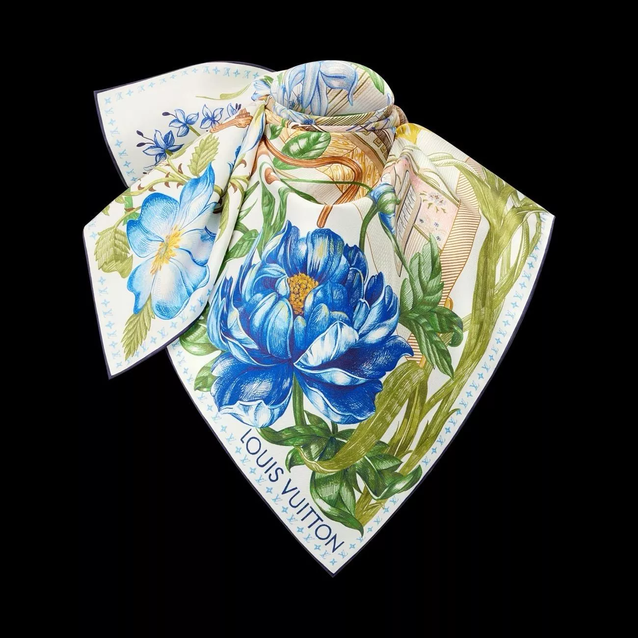 藍色 Fontaines Parfumées 真絲方巾｜90×90香氛花園印花・法式藝術系列