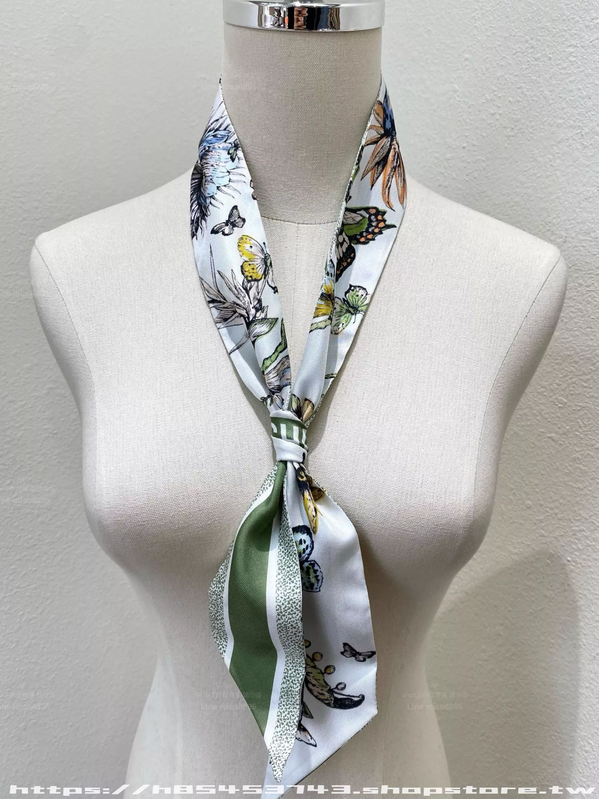 綠色｜Mexico 茹伊真絲 Mitzah 絲巾 Twilly｜蝴蝶花卉印花・法式藝術絲帶