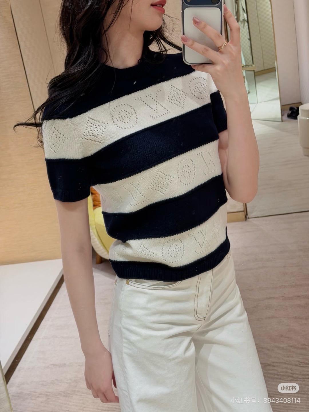 LOUIS 26S Monogram 鏤空條紋山羊絨短袖針織衫 S/M/L