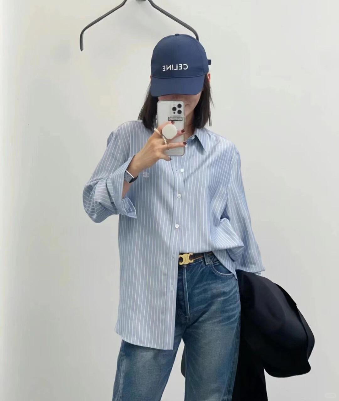 CELINE 26W 凱旋門刺繡藍白條紋真絲襯衫 36／38／40