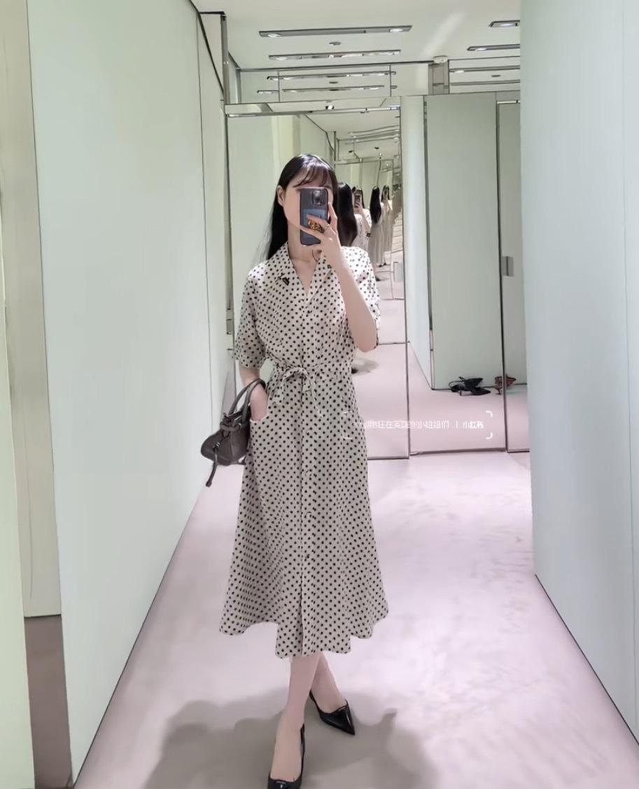 PRADA 26W 波點印花徽章腰帶真絲連衣裙 36／38／40／42