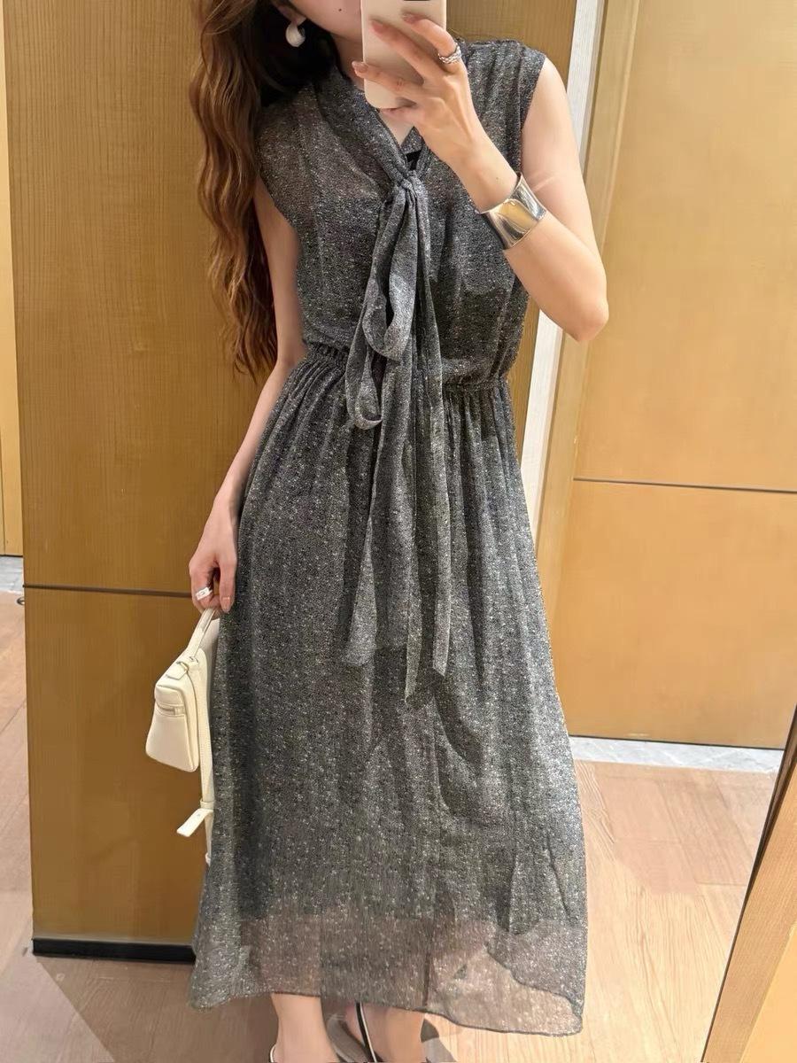 GUCCI 26W GG 無袖領結金扣真絲連衣裙 36／38／40／42