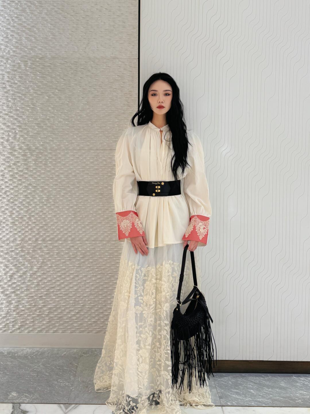DIOR 26S 紅袖蕾絲拼接禮服連衣裙 36／38／40／42