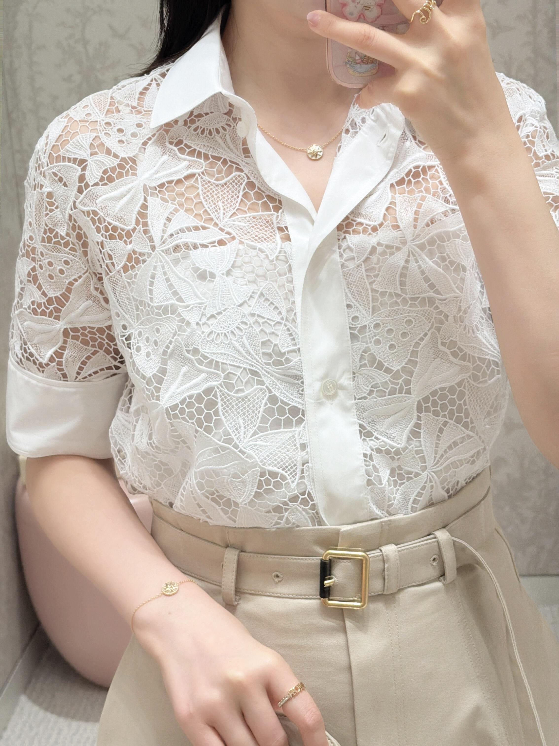 DIOR 立體蕾絲鏤空蝴蝶結印花棉質襯衫 36／38／40／42