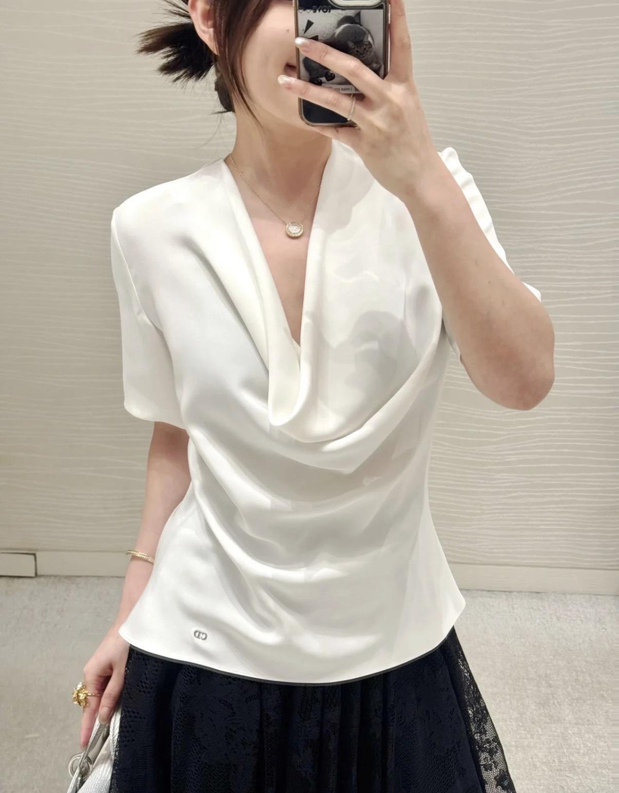 DIOR 米白色垂褶真絲短袖上衣 36／38／40／42