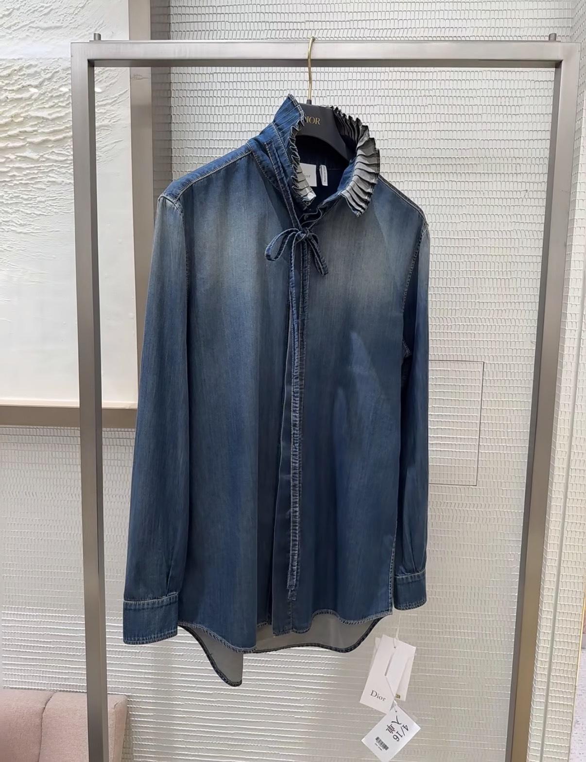 DIOR 水洗漸層風琴花邊領結牛仔襯衫 36／38／40／42