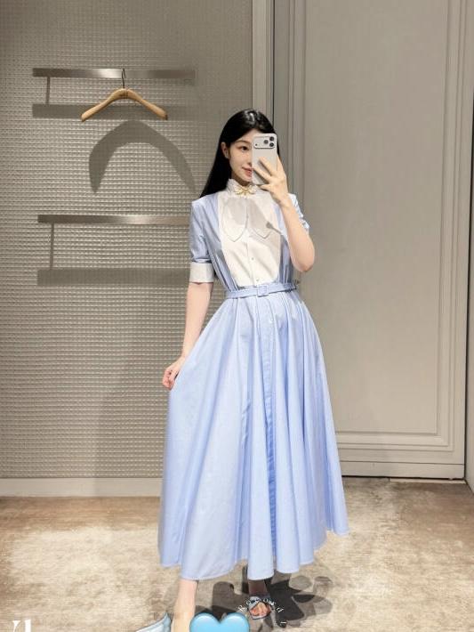 DIOR 藍色蝴蝶結領府綢長洋裝 36／38／40／42