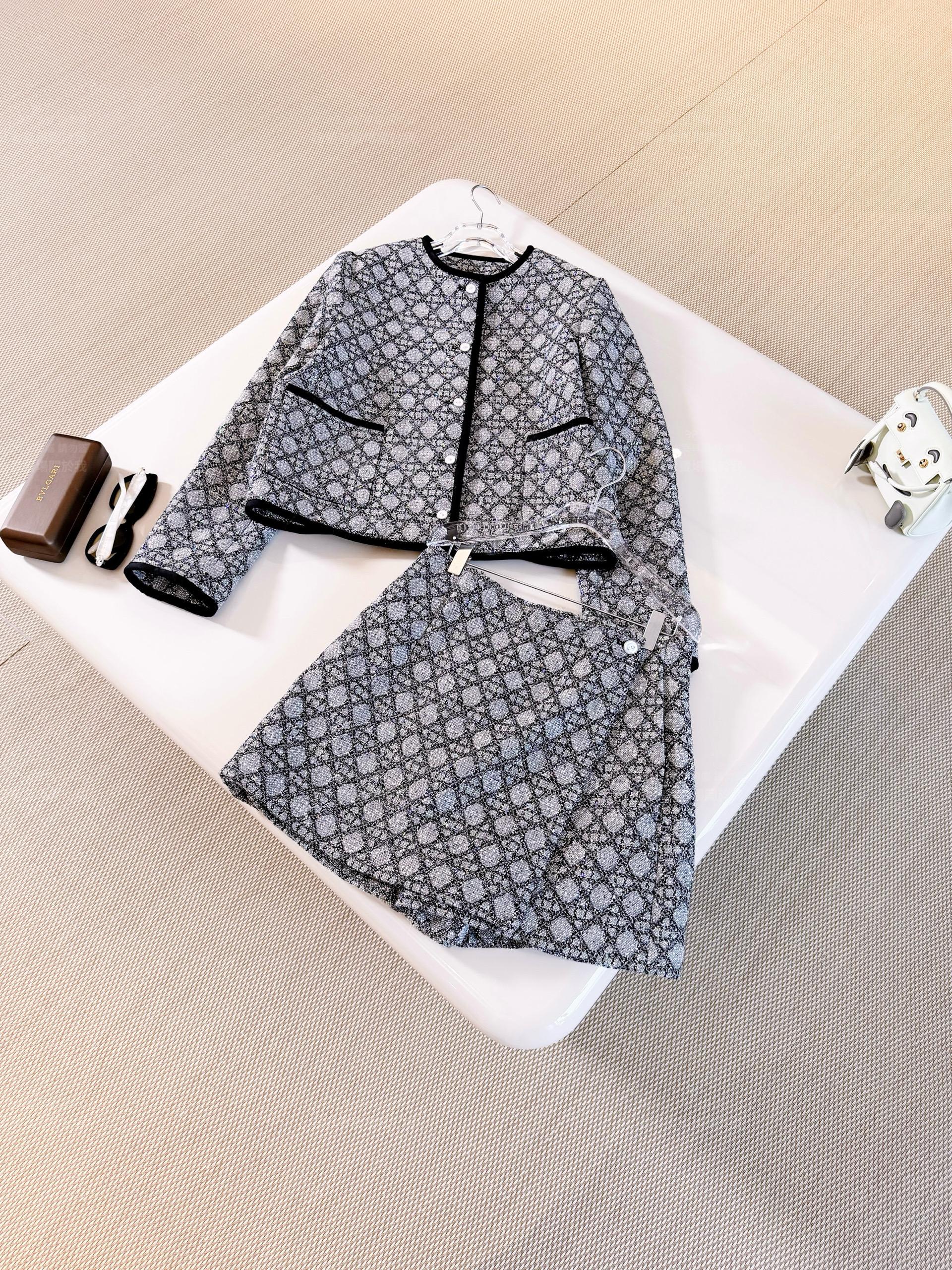 DIOR 26S 灰色藤格紋亮片刺繡粗花呢外套＋裙褲套裝