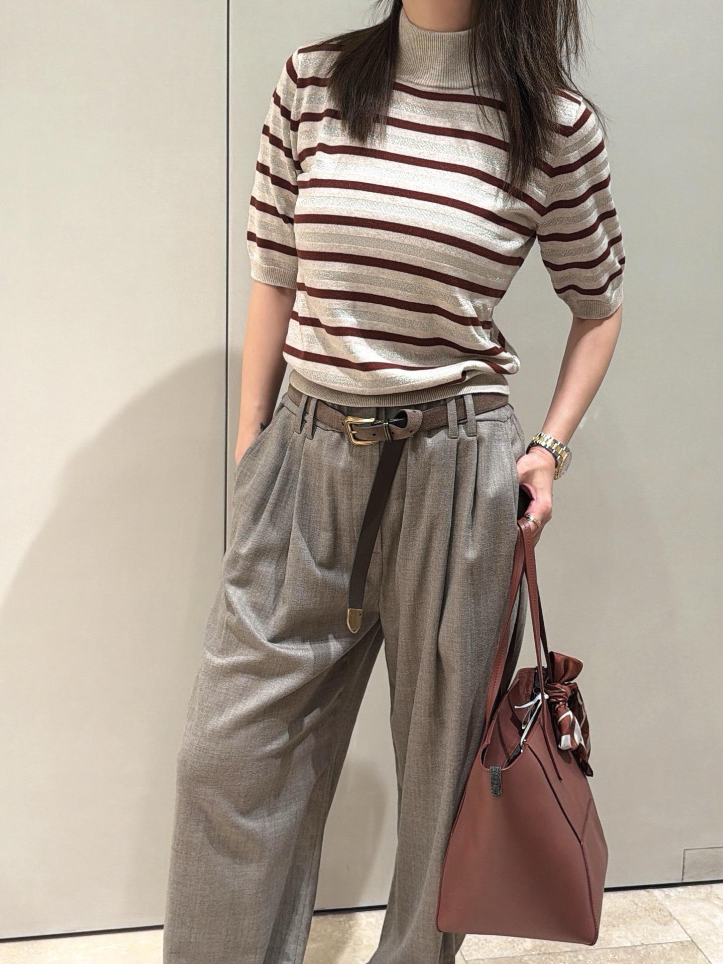 Brunello cucinelli 亮片條紋拼接小立領針織短袖 S／M／L