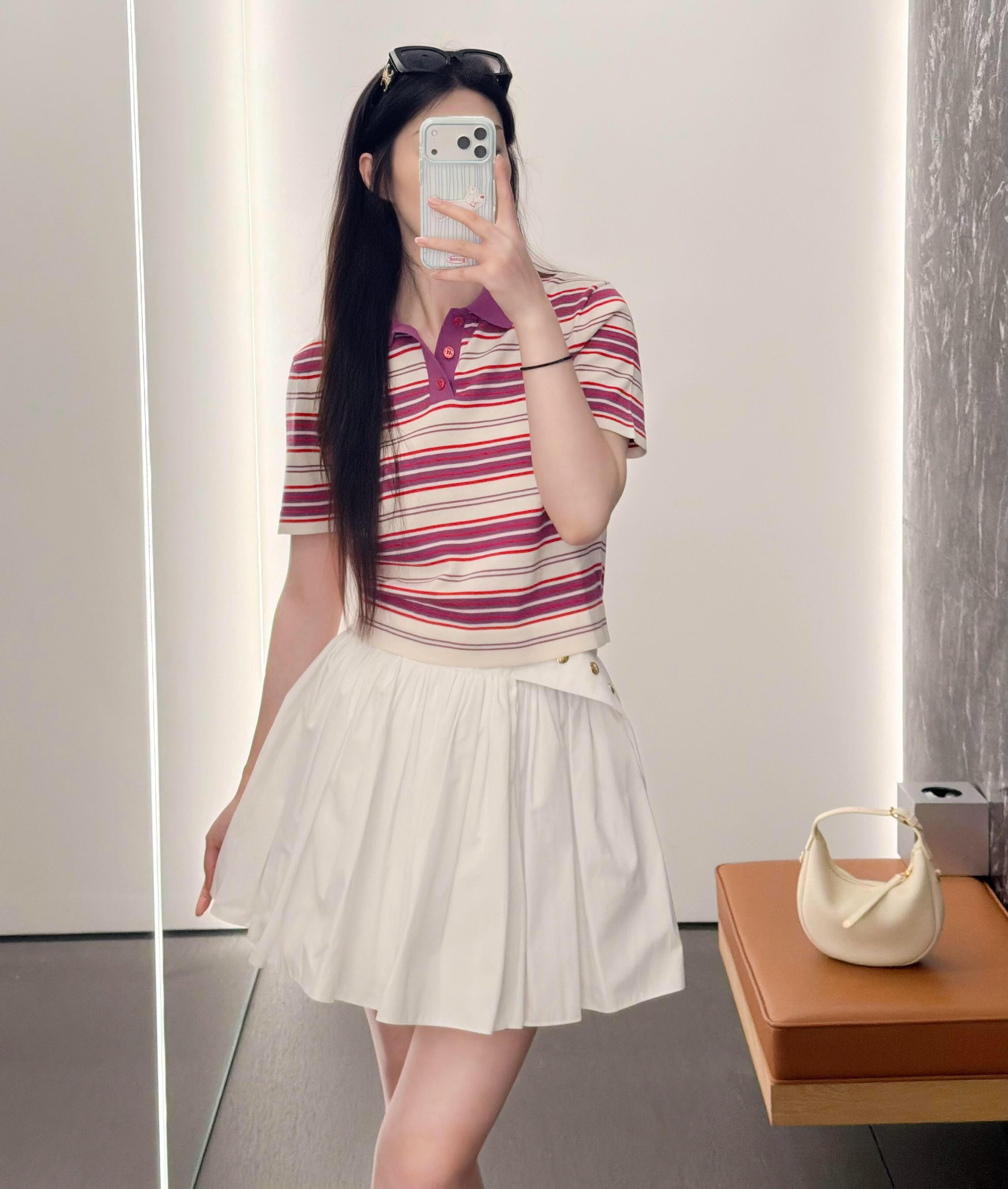 CELINE 粉色 經典條紋翻領針織短袖 S／M／L
