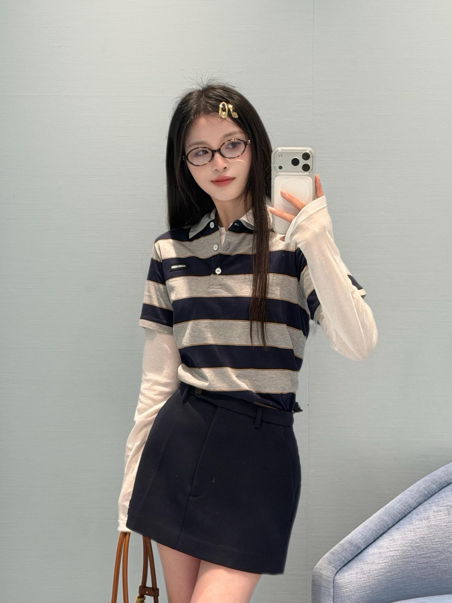 Miu Miu 灰藍翻領條紋短袖 Polo｜S／M／L／XL