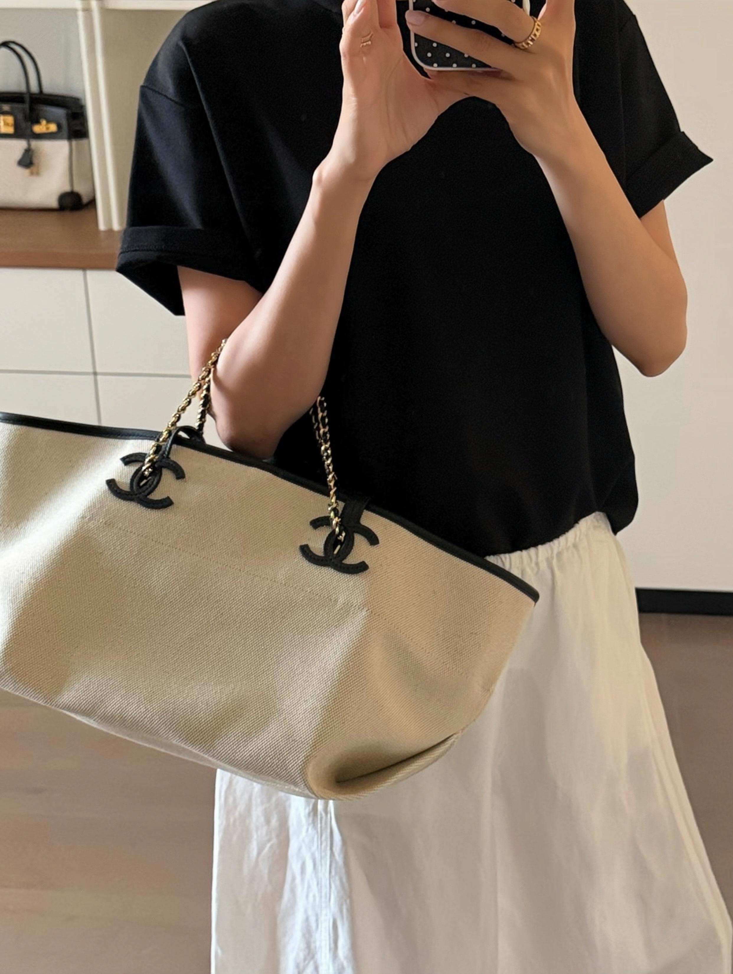米白色｜帆布×Bonavdo小牛皮｜26SS V-Tote 帆布購物袋｜45cm