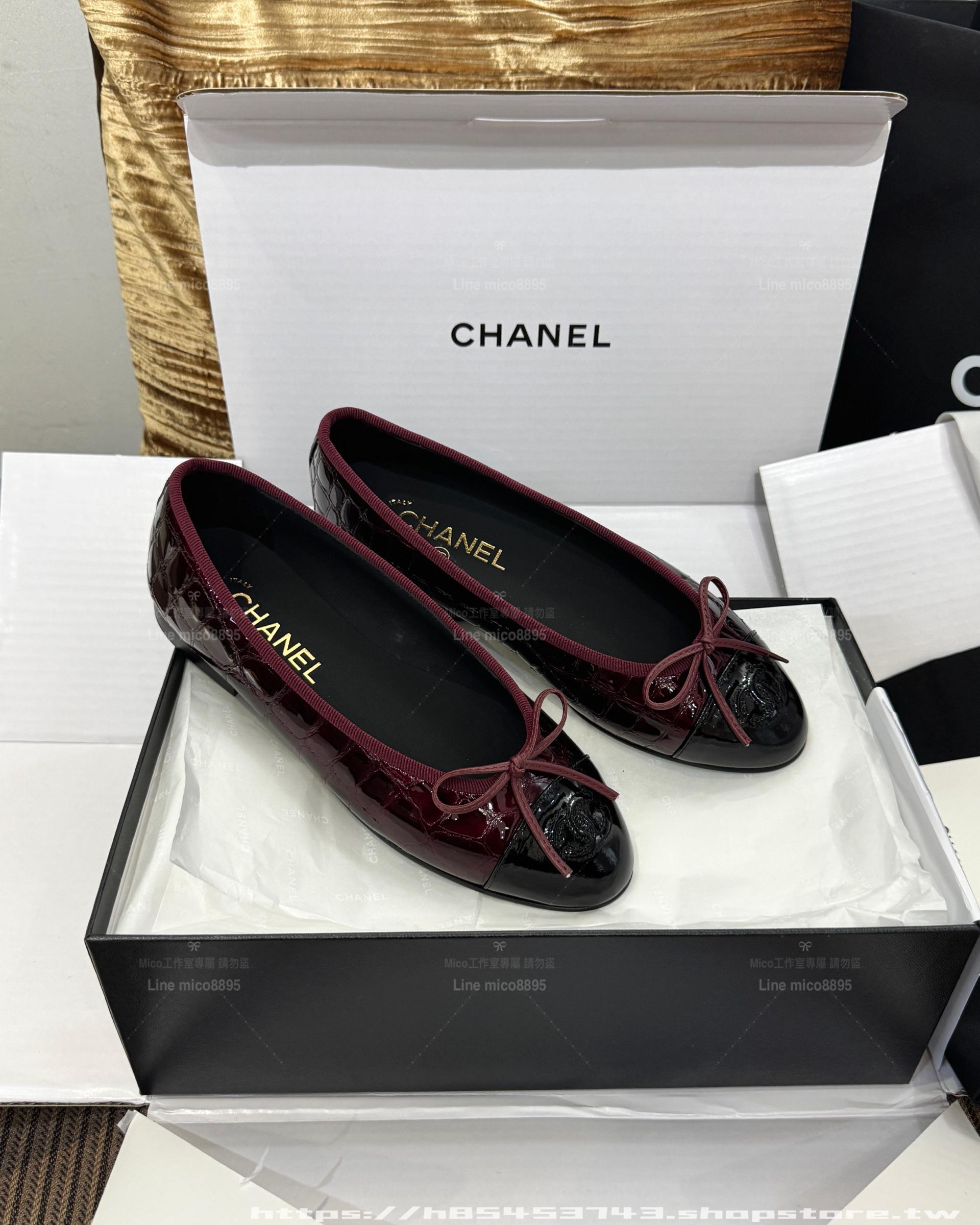 26S 酒紅色鱷魚紋 經典蝴蝶結芭蕾舞鞋｜雙C蝴蝶結平底鞋