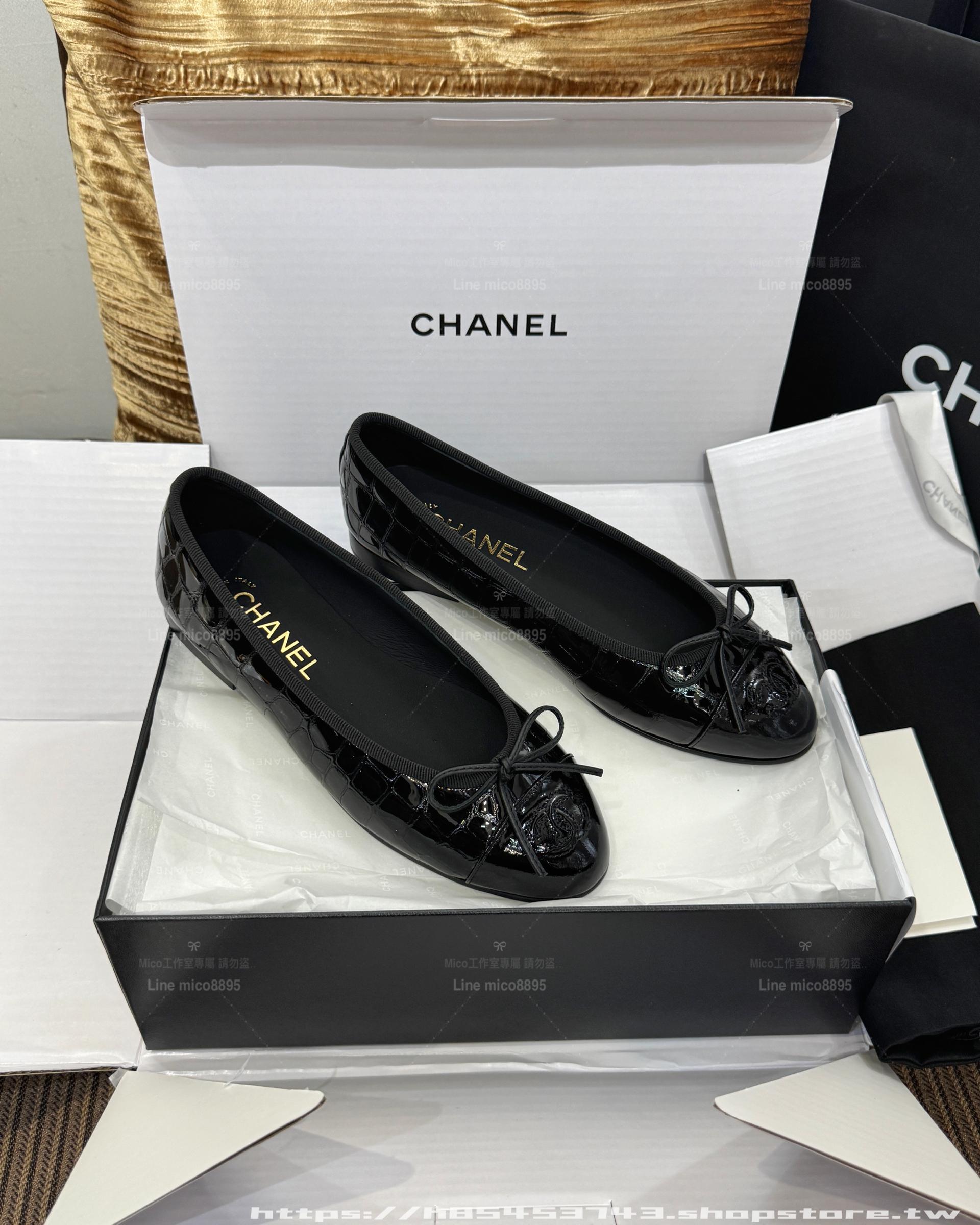 26S 黑色鱷魚紋 經典蝴蝶結芭蕾舞鞋｜雙C蝴蝶結平底鞋