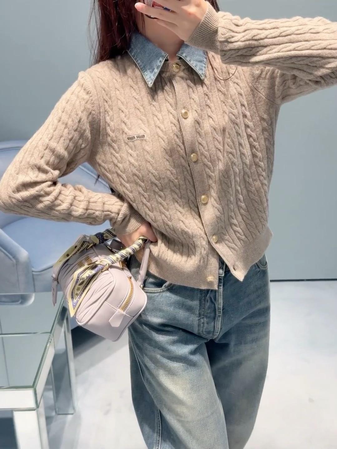 MIU MIU 可拆式牛仔領麻花針織開襟外套｜S／M／L