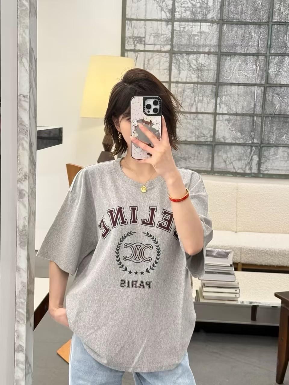 CELINE 麻灰色 經典圓領 Logo 短袖 T 恤｜S／M／L