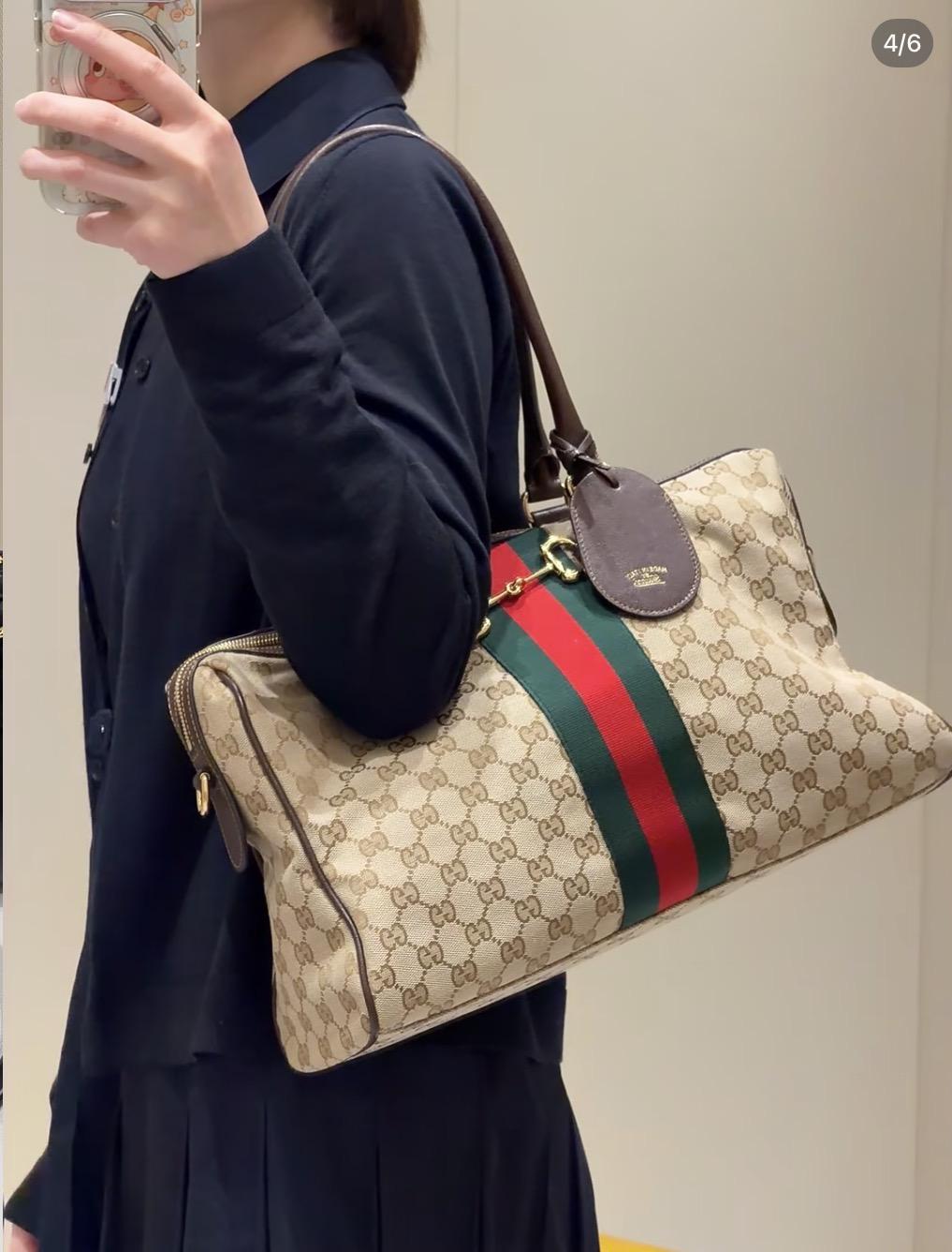 大號｜沙色／深棕色｜GG帆布×柔軟皮革｜Borsetto手提包/波士頓包｜38.5cm 型號：866734