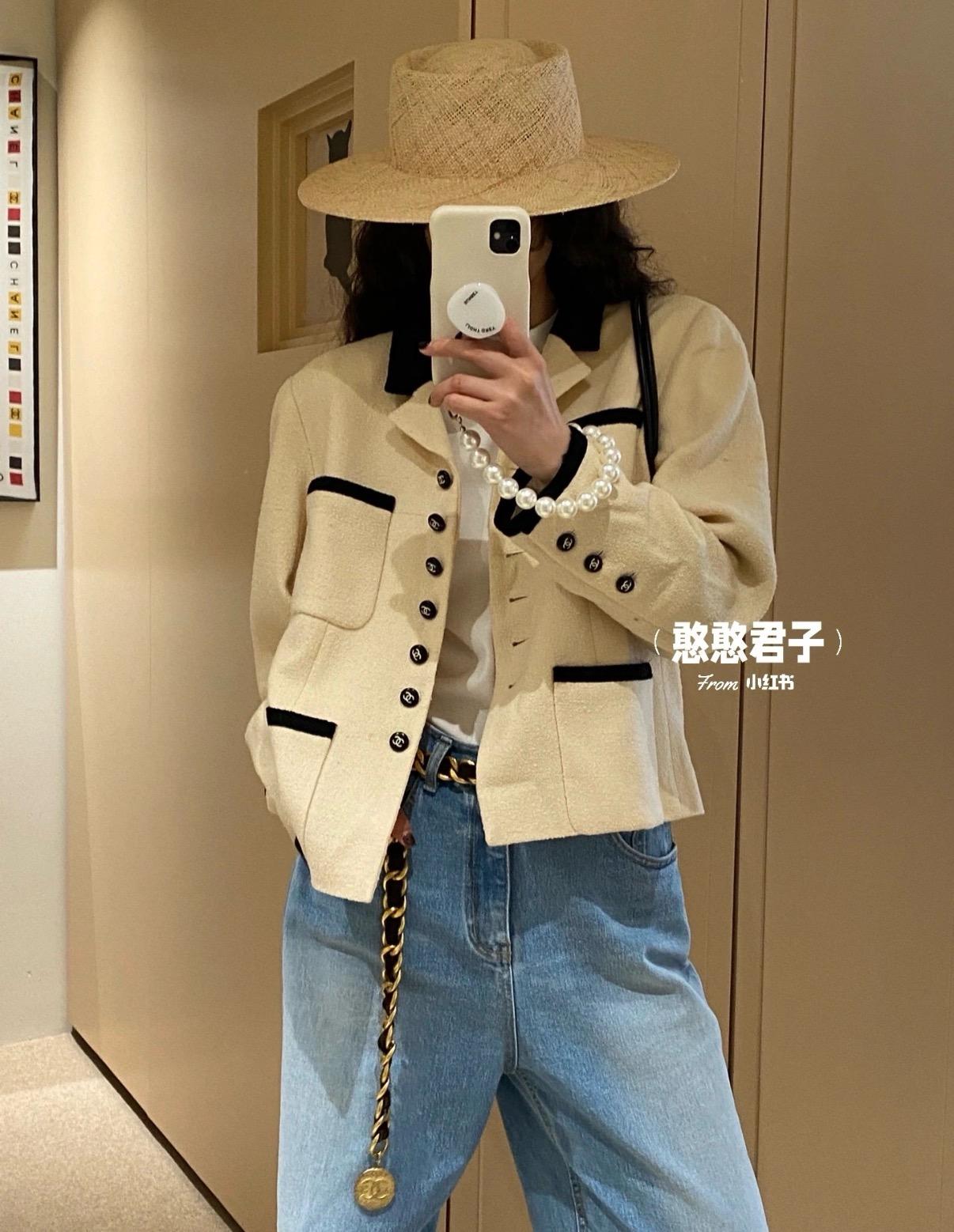 CHANEL Vintage 黑白拼接翻領粗花呢外套｜36／38／40／42