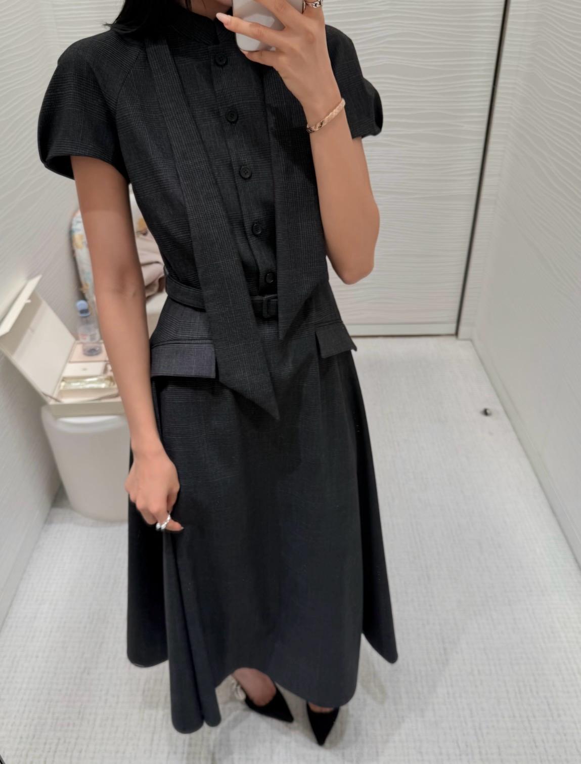 DIOR 26W 灰色羊毛格紋領結腰帶洋裝｜36／38／40／42