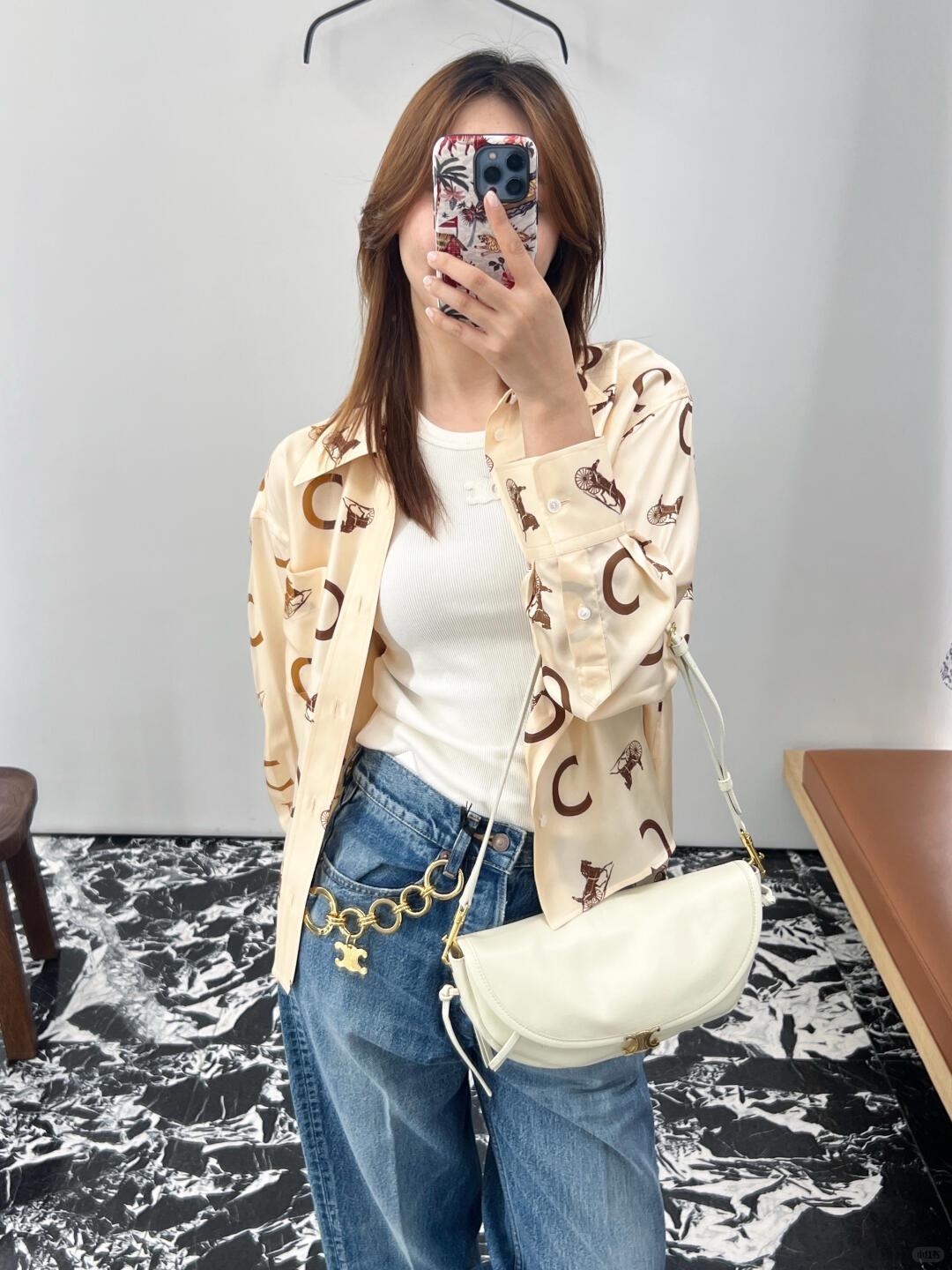 CELINE 26S 雙色凱旋門馬車字母真絲襯衫｜36／38／40／42