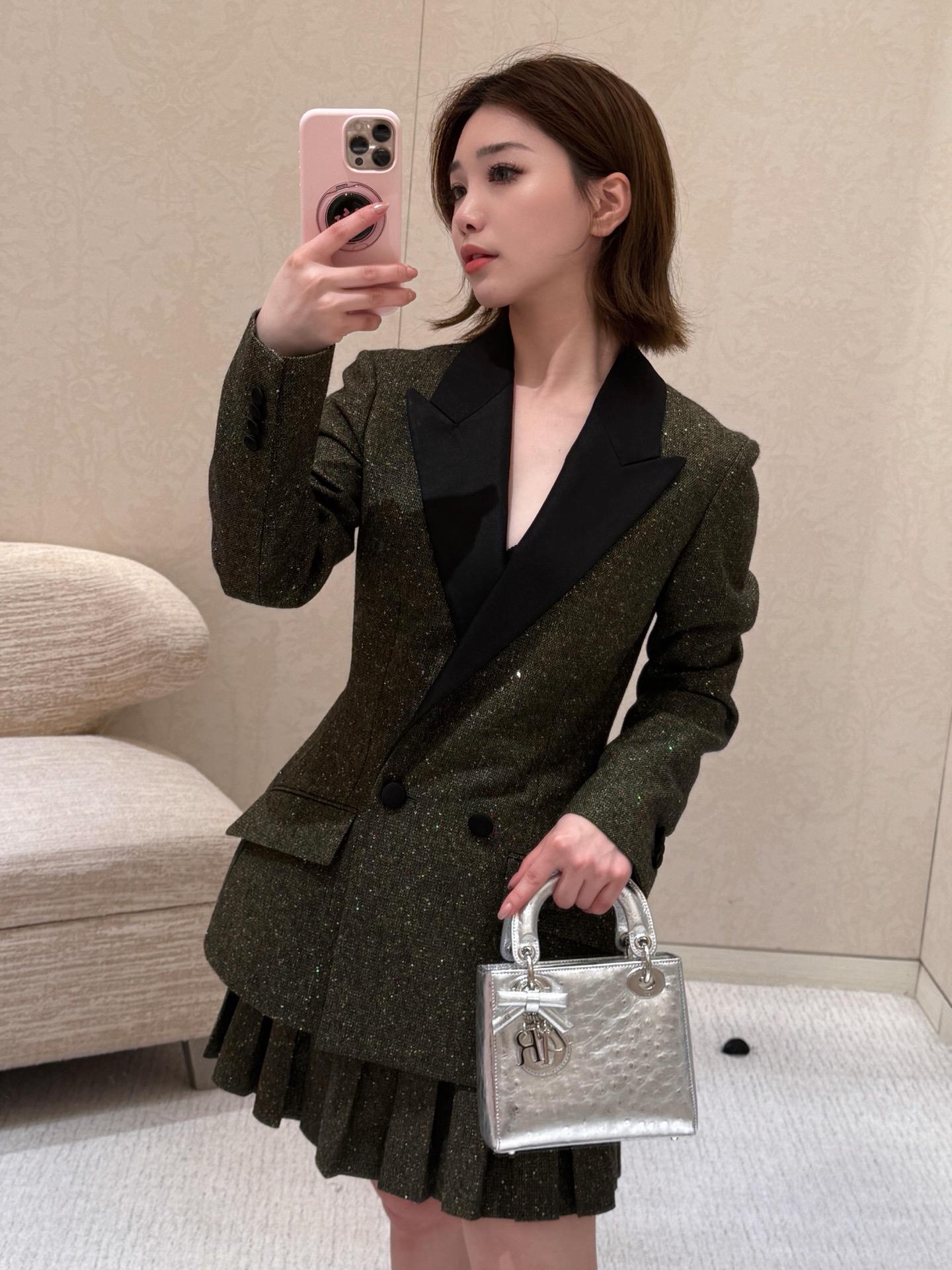 DIOR 灰綠色彩色亮片刺繡拼緞面翻領收腰西裝外套｜36／38／40／42