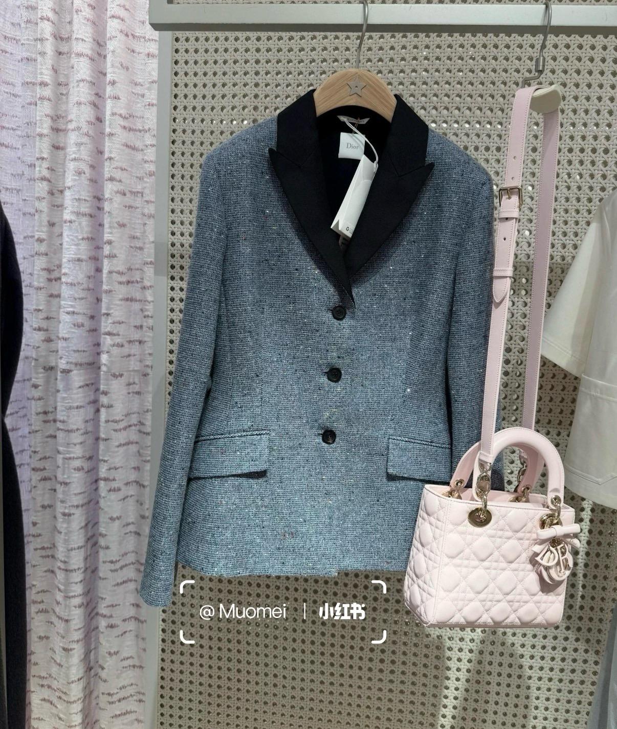 DIOR 遠峰藍 細閃亮片刺繡拼黑色翻領收腰西裝外套｜36／38／40／42