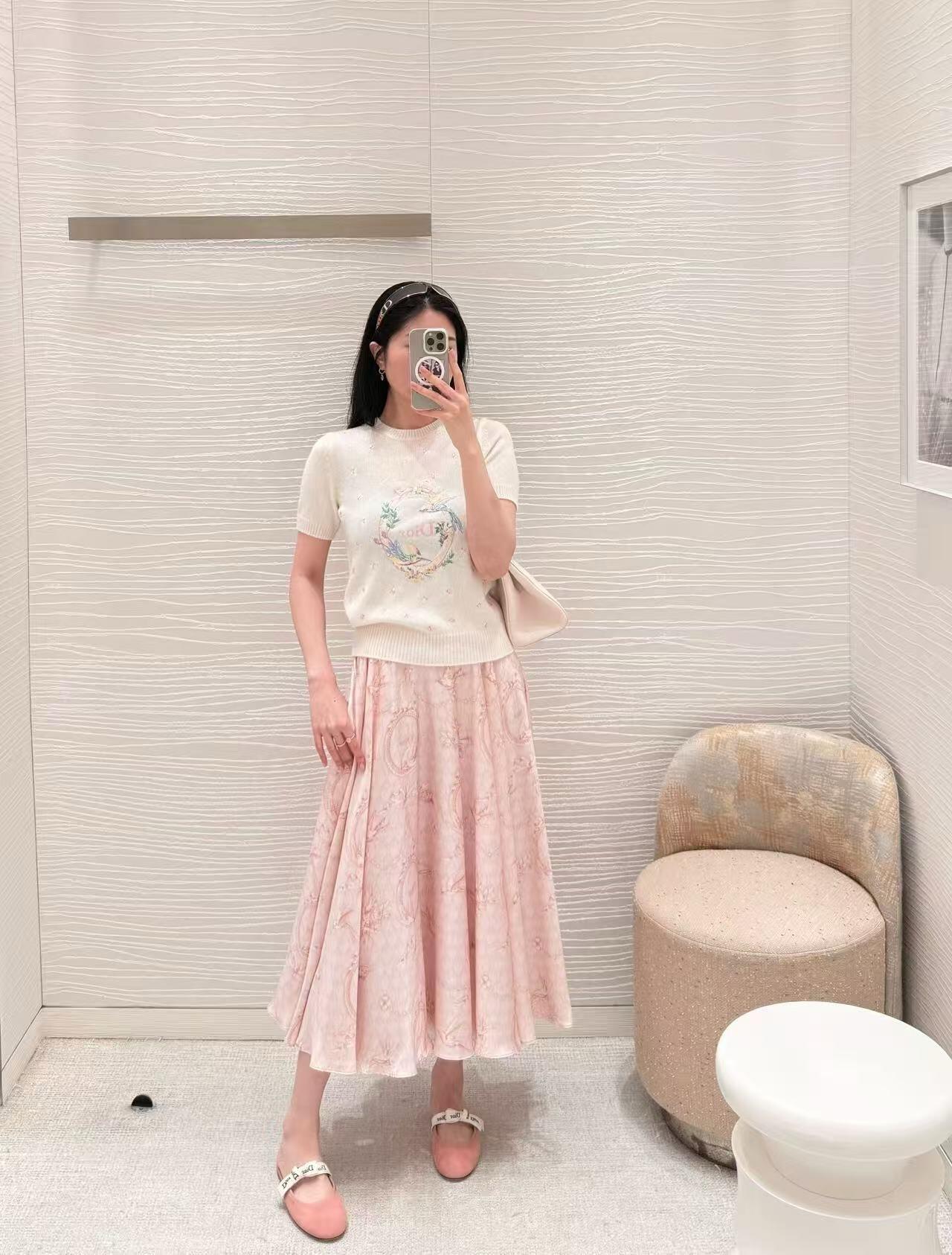 DIOR 26S 洛可可花卉真絲緞面高腰半身裙｜粉色｜36／38／40／42