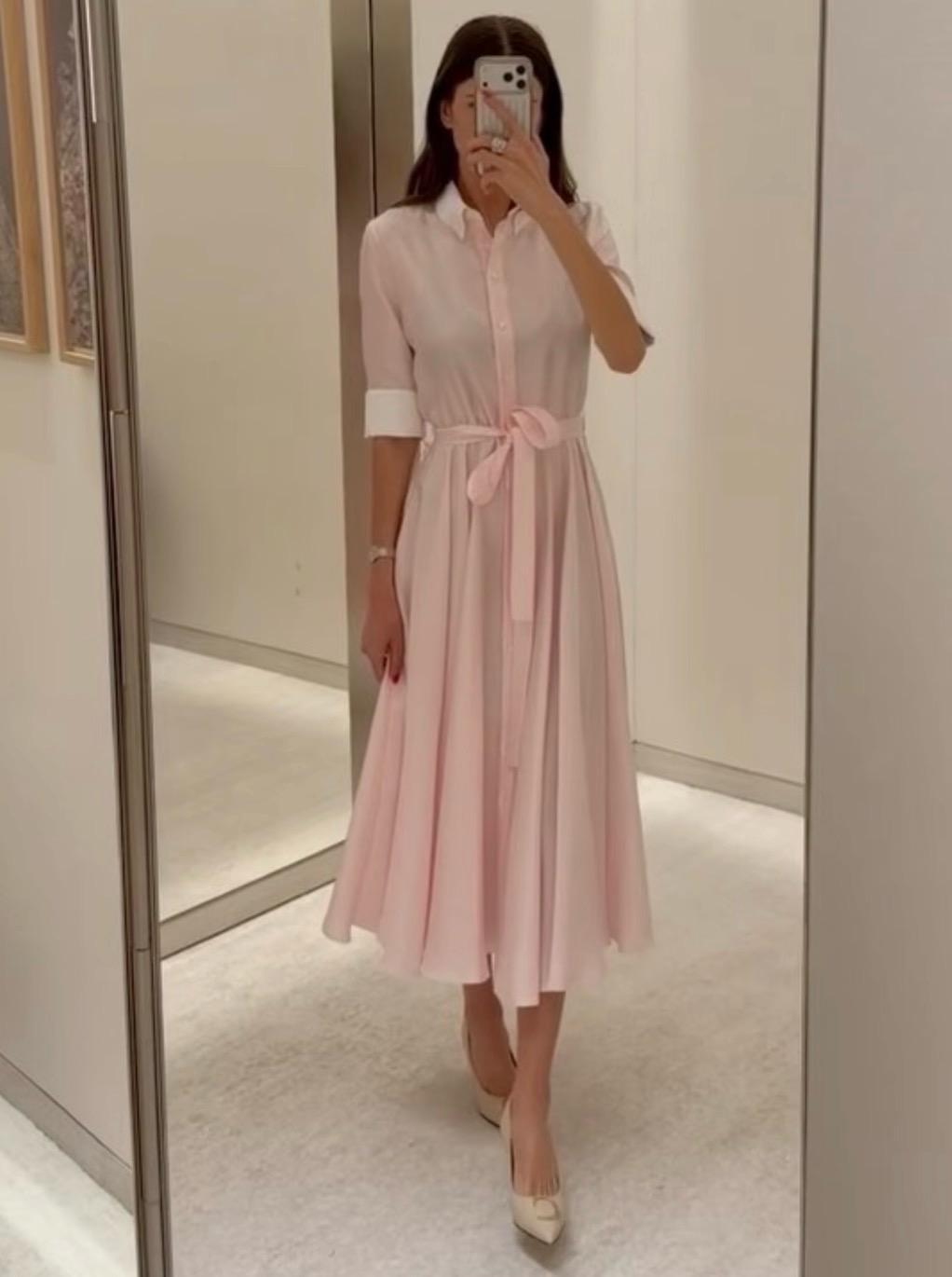 DIOR 26S D-Riviera 膠囊粉色真絲中長款襯衫連身裙｜36／38／40／42