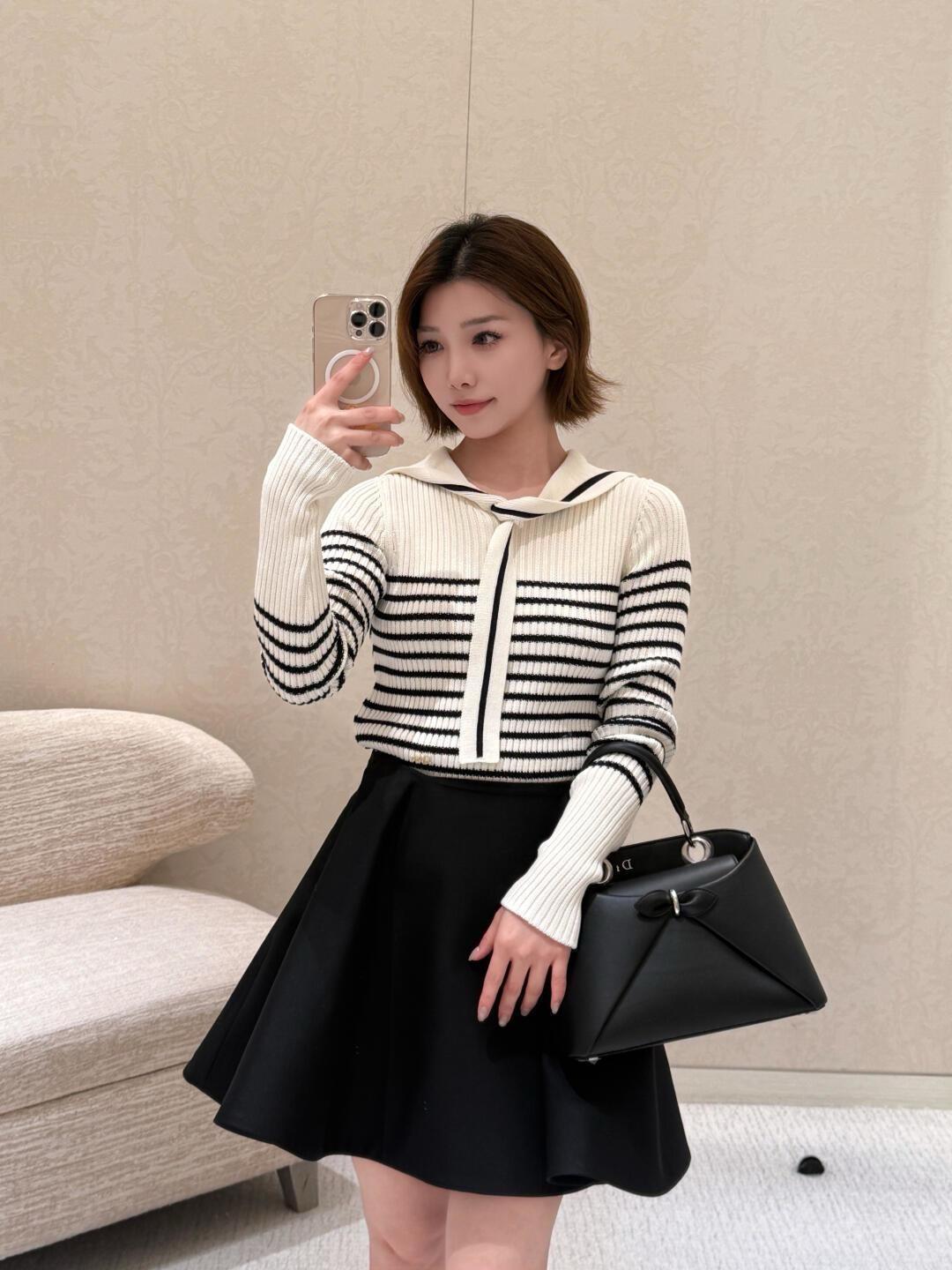 DIOR 26S 海軍領系帶條紋修身針織上衣｜36／38／40