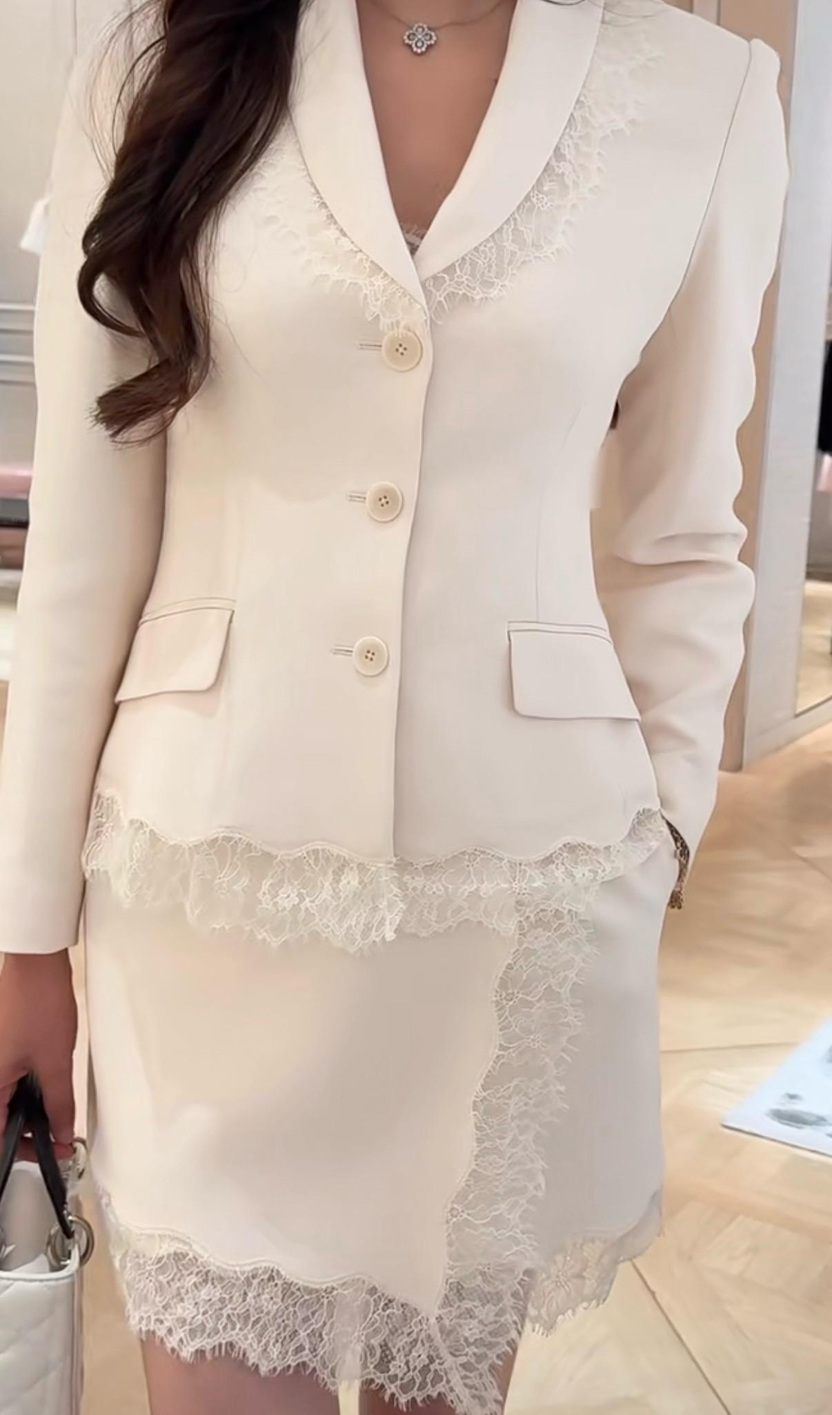 DIOR 26W 米白色 蕾絲拼接絲毛收腰西裝套裝 可分開購買｜36／38／40／42