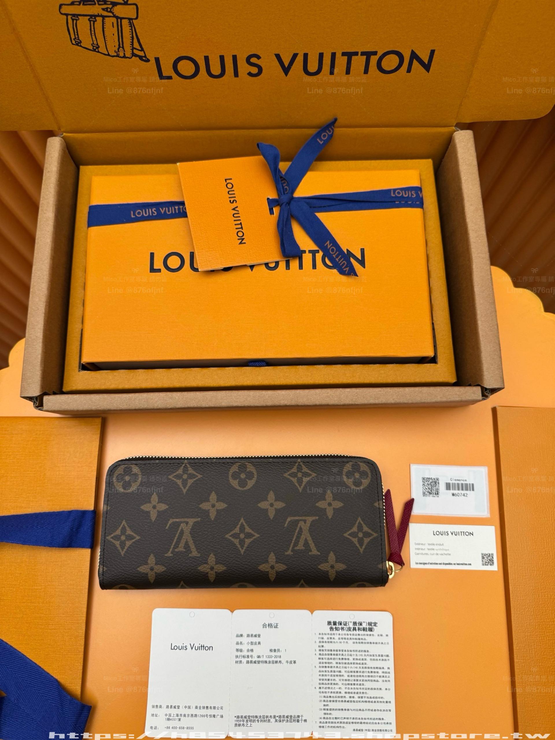 M60742 紫紅色 ｜Monogram帆布｜Clemence拉鍊長夾｜19.5cm