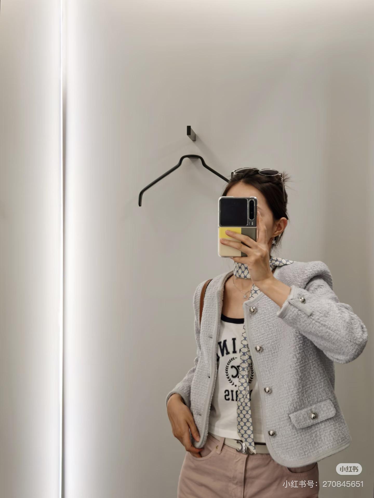 CELINE 冰藍色編織滾邊羊毛混紡外套 36/38/40