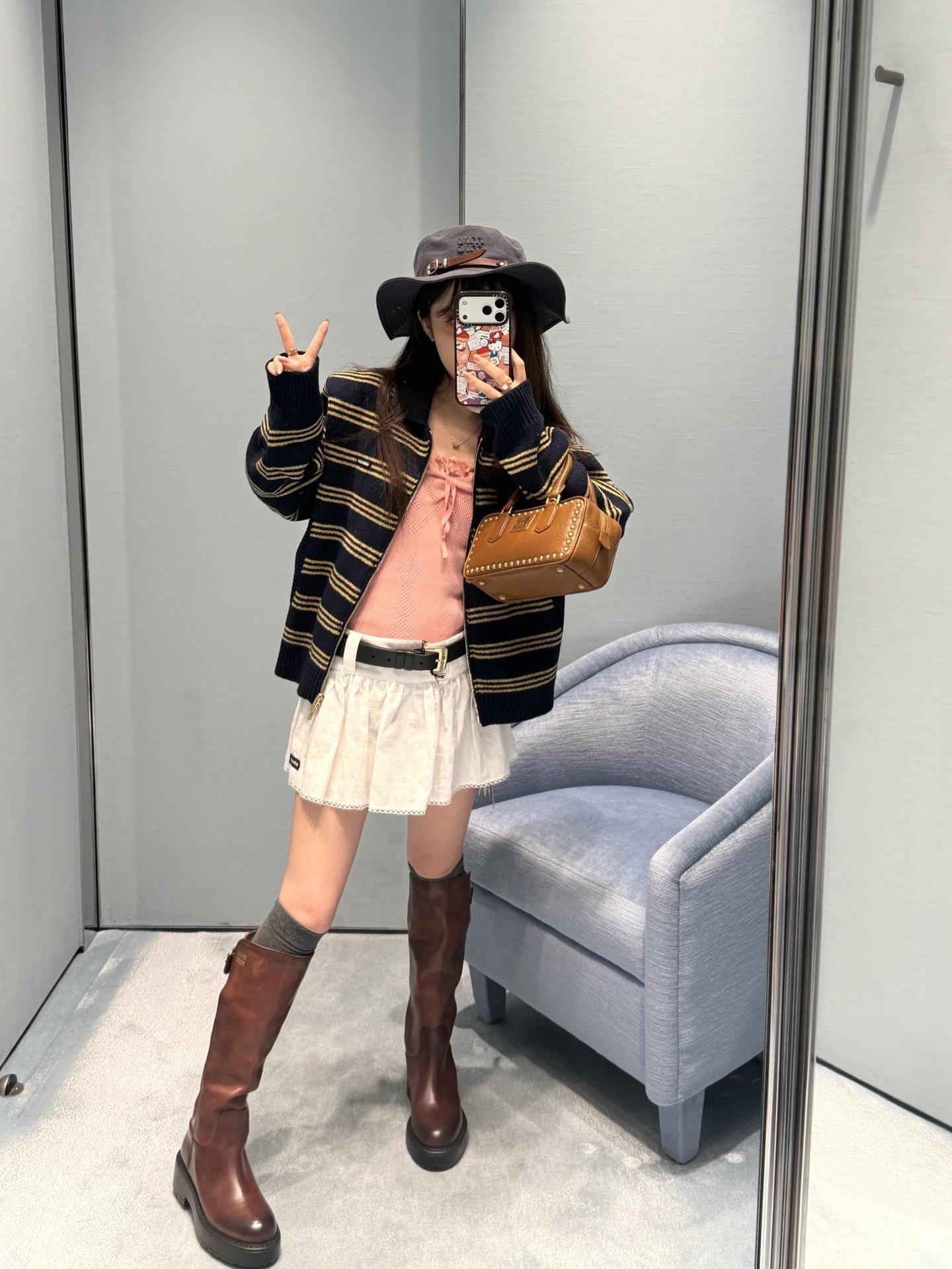 MIU MIU 條紋拉鍊羊絨混紡針織開衫｜36／38／40