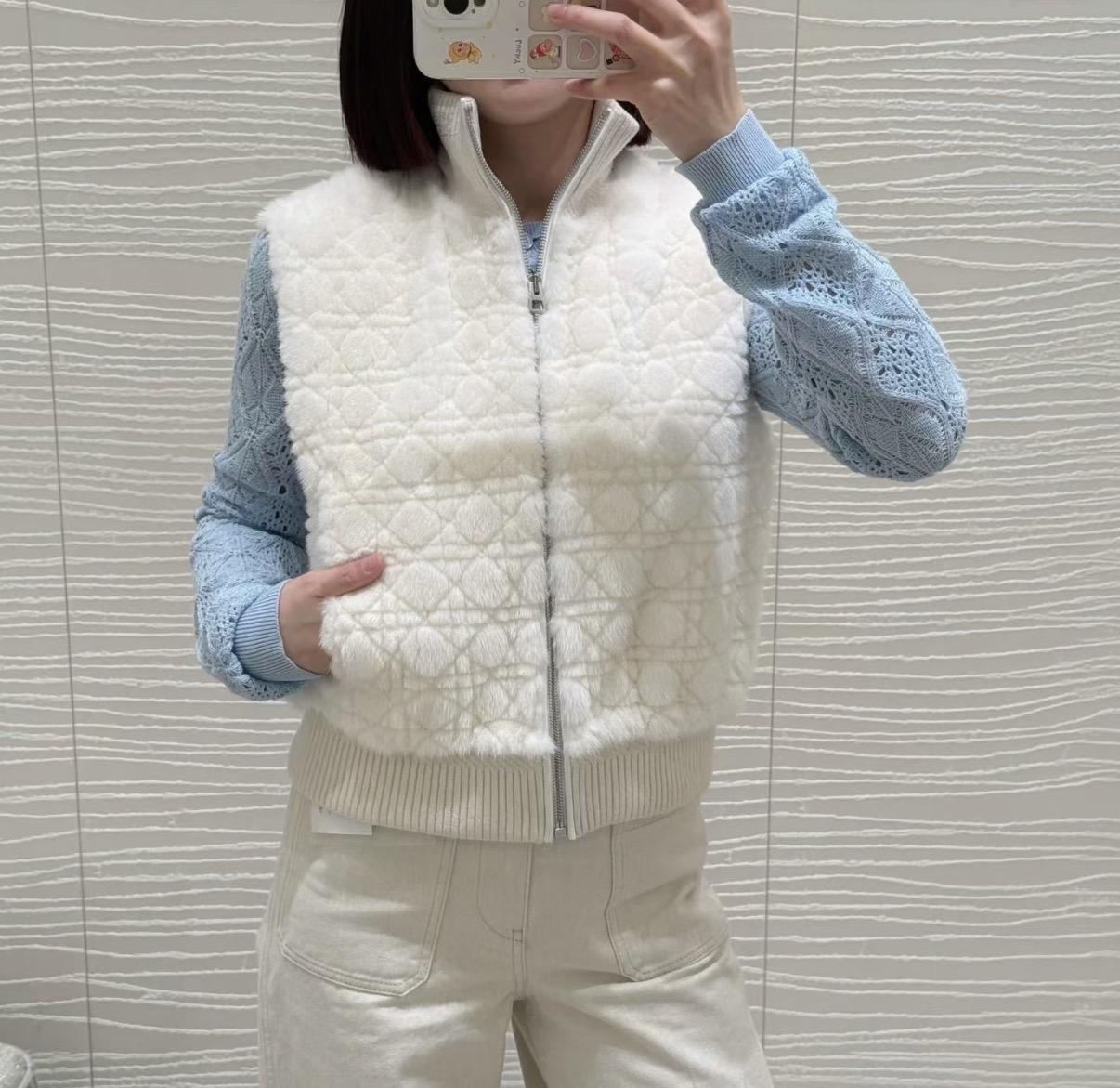 DIOR 26S 藤格紋水貂皮草立領背心外套｜36／38／40／42