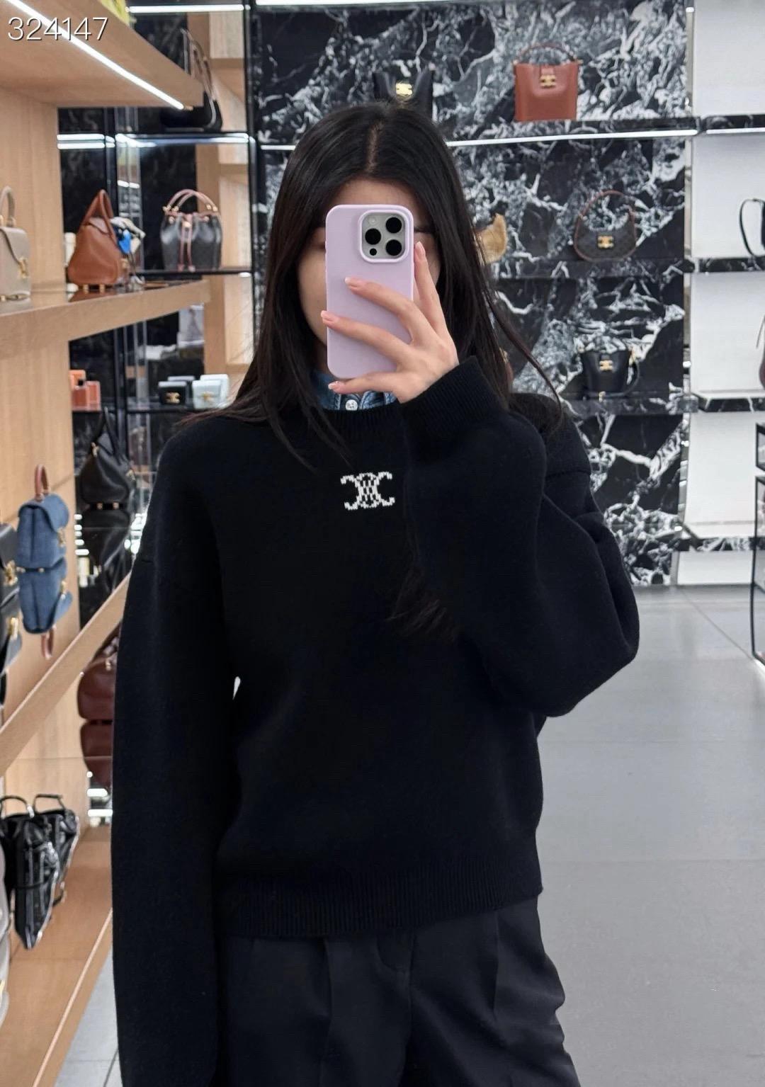 CELINE 黑色 經典徽標羊絨混紡圓領針織衫｜S／M／L／XL