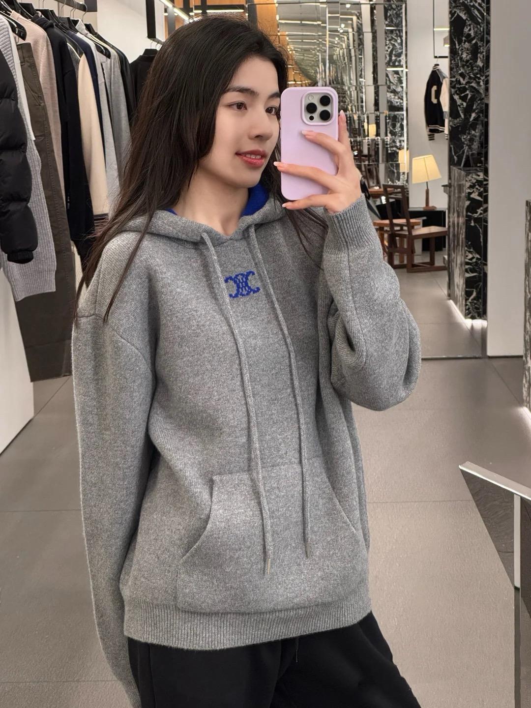 CELINE 灰藍撞色徽標羊絨混紡連帽針織衫｜S／M／L／XL