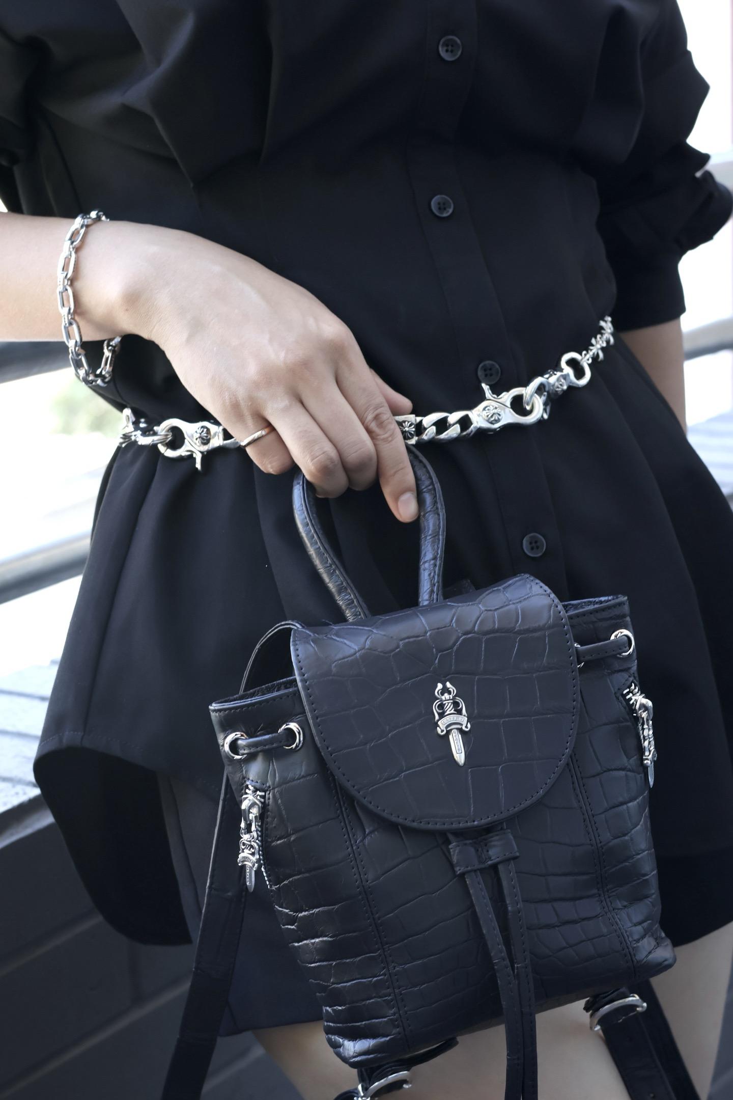 黑色尼羅鱷魚皮×S925純銀五金｜Chrome Hearts Mini寶劍雙肩後背包