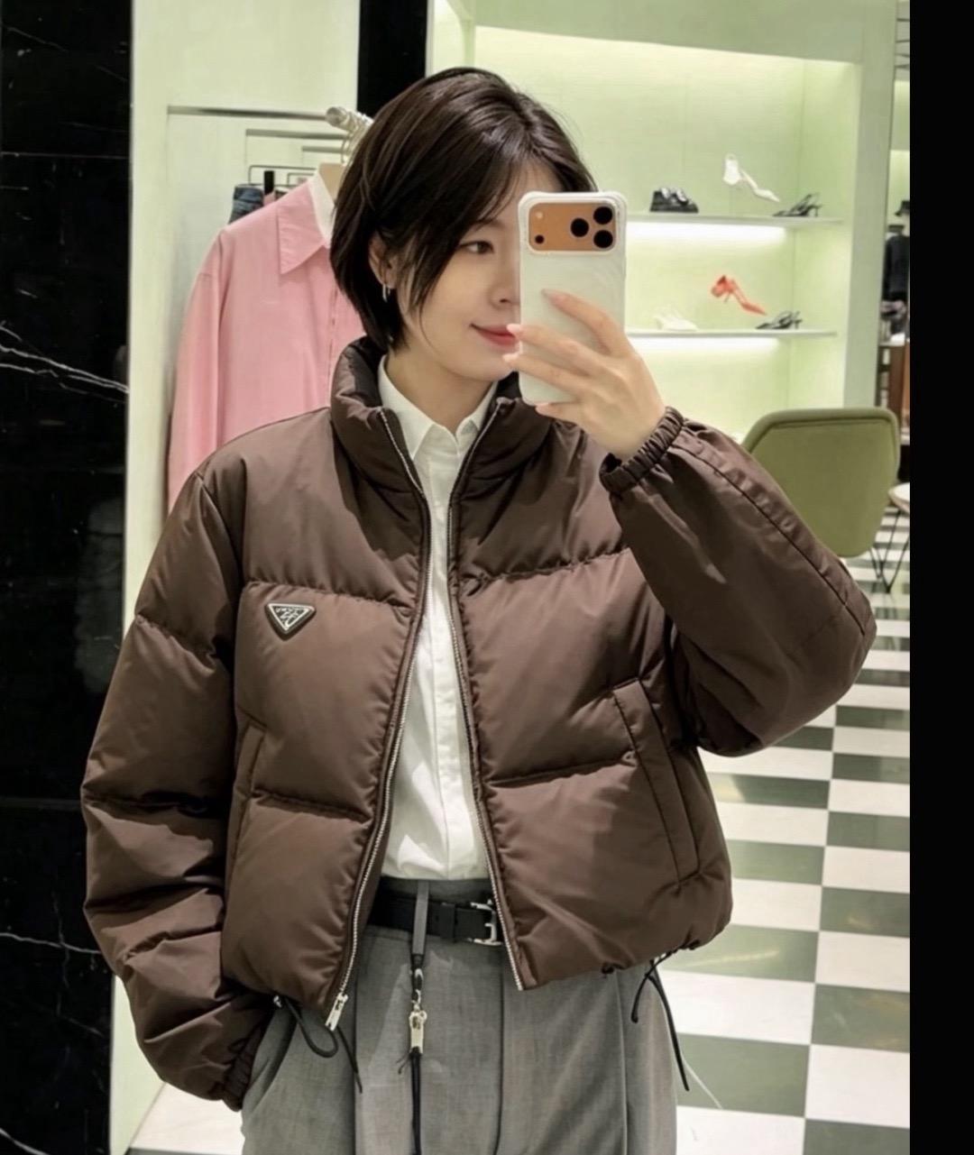 PRADA 26秋冬 Re-Nylon 高立領短版鵝絨羽絨外套｜深棕色