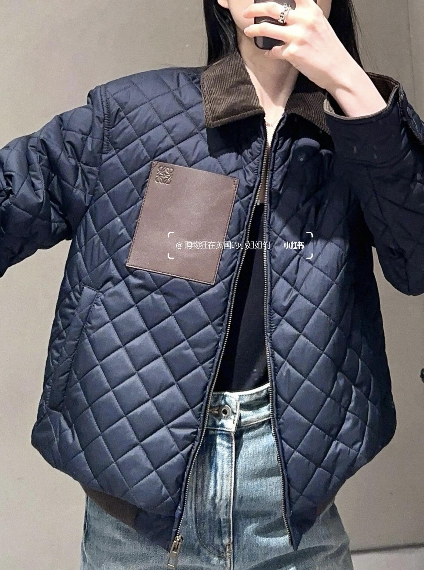 Loewe 26S 菱格絎縫拼色短版棉服｜藏藍×棕色｜36／38／40