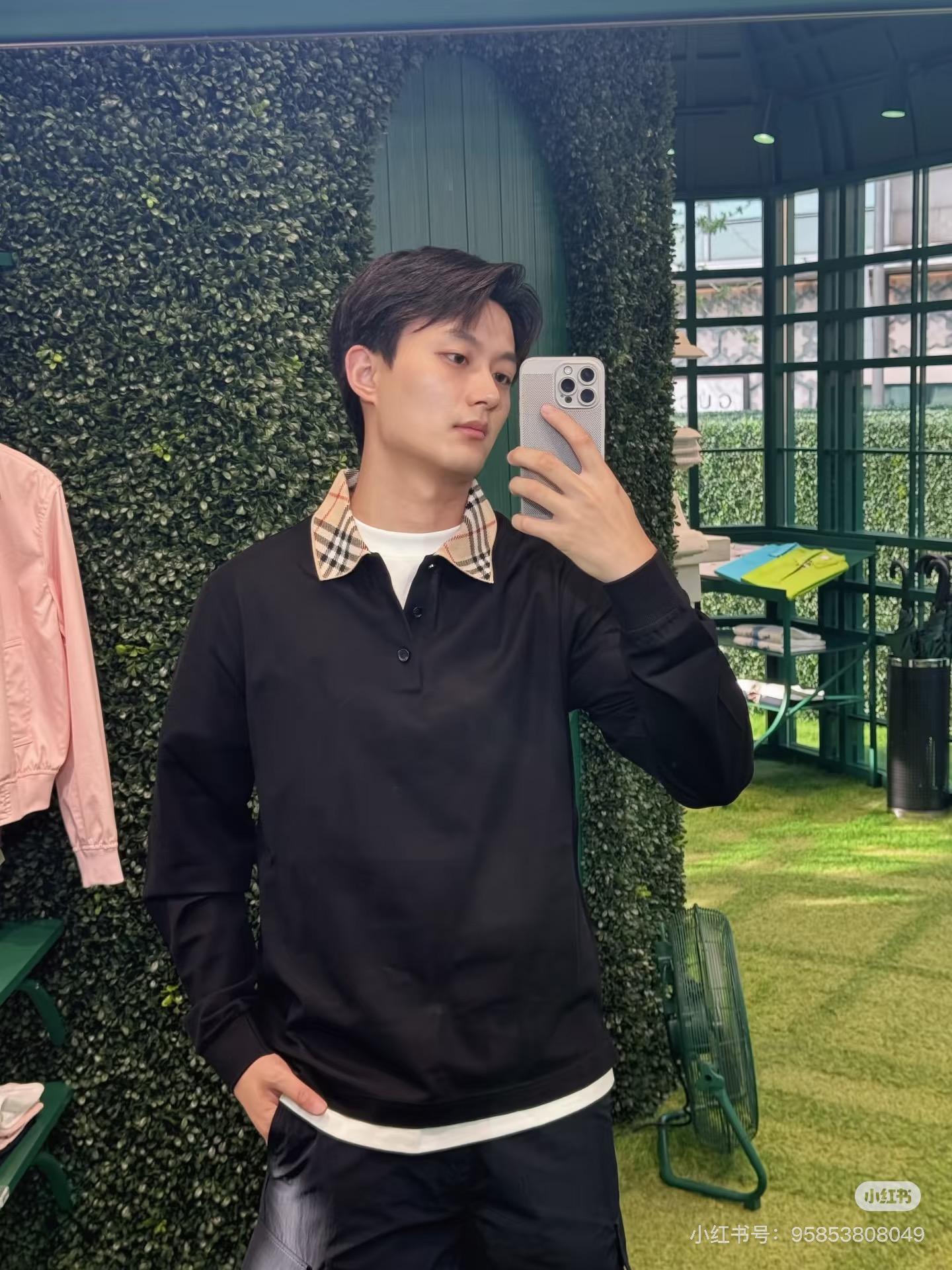 Burberry 黑色｜Vintage 格紋拼領珠地棉長袖 Polo 衫｜S／M／L／XL／XXL