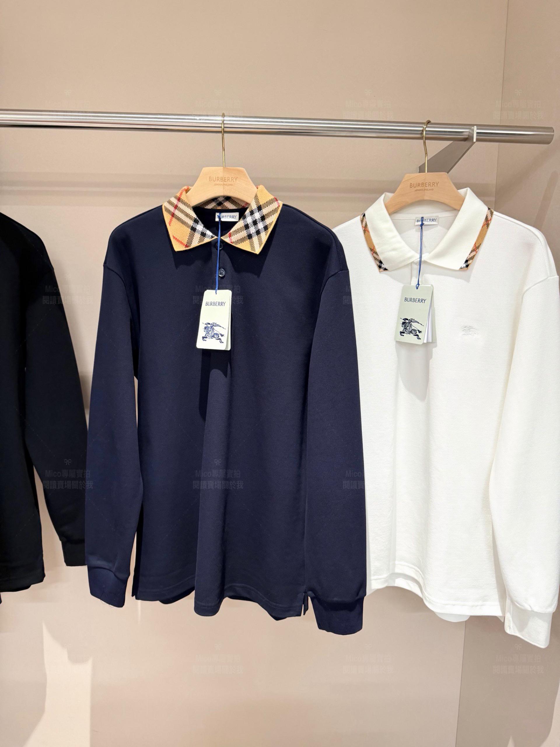 Burberry 藏青｜Vintage 格紋拼領珠地棉長袖 Polo 衫｜S／M／L／XL／XXL