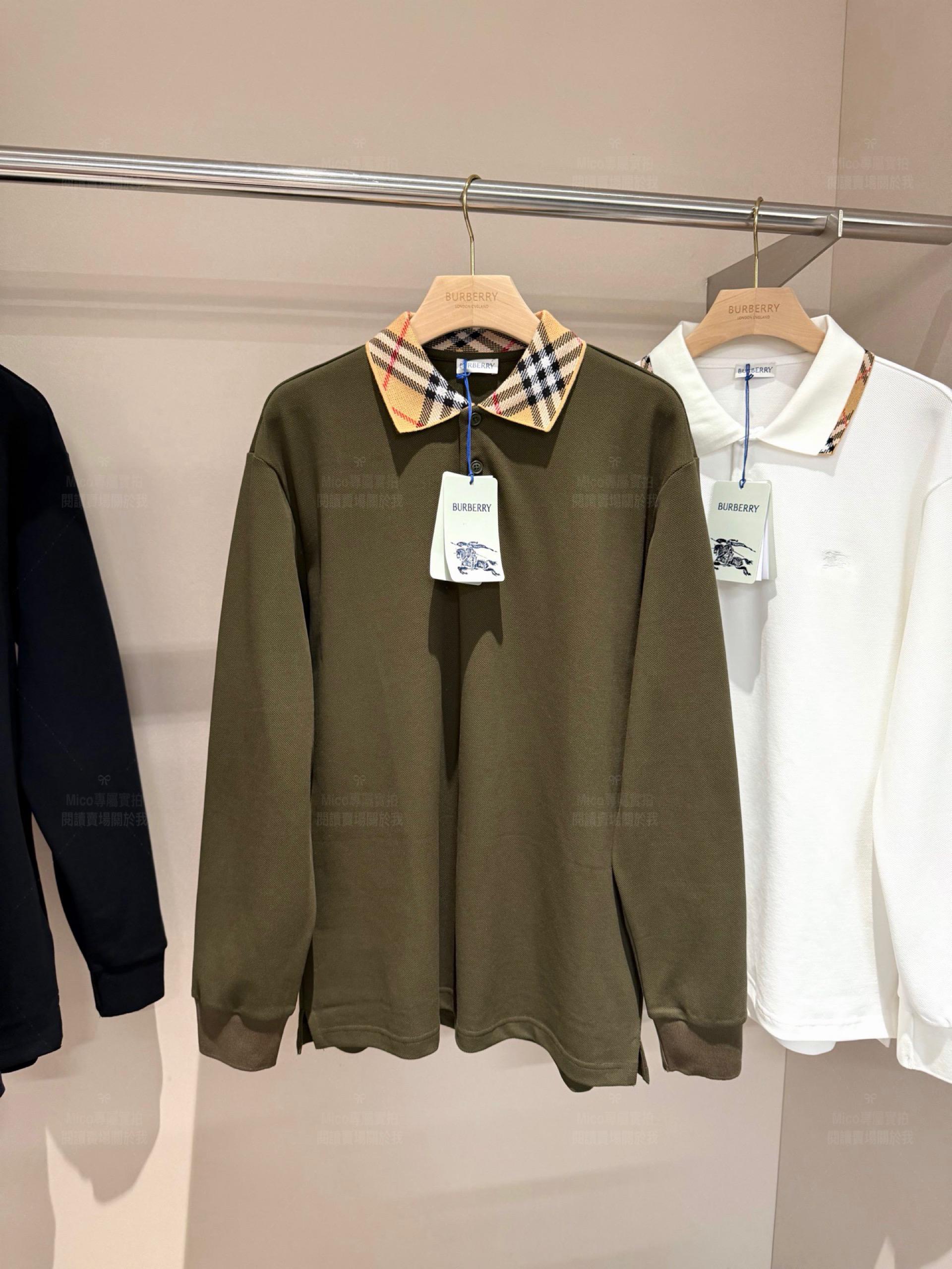 Burberry 軍綠｜Vintage 格紋拼領珠地棉長袖 Polo 衫｜S／M／L／XL／XXL