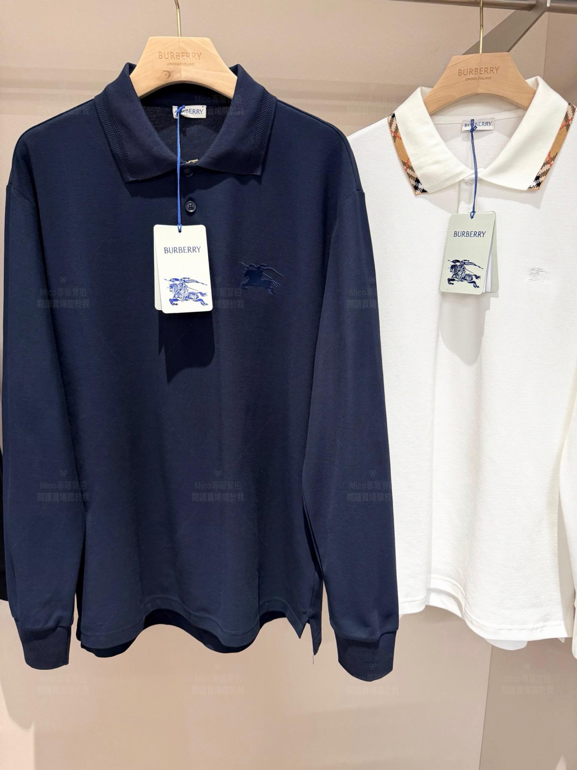 Burberry 藍色｜戰馬騎士刺繡珠地棉長袖 Polo 衫｜S／M／L／XL／XXL