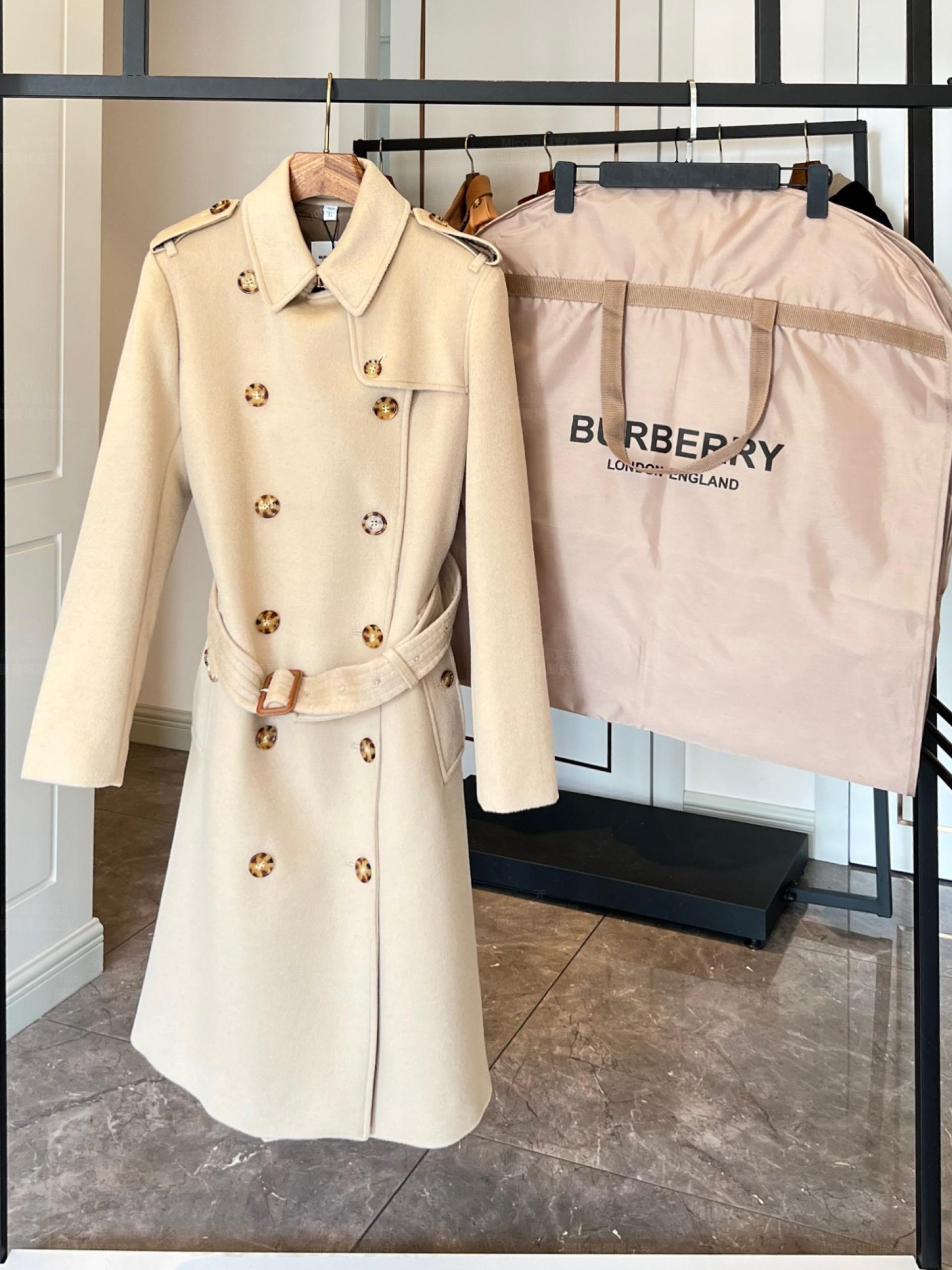 Burberry 奶油白｜Kensington 肯辛頓雙排扣山羊絨長版大衣｜4／6／8／10