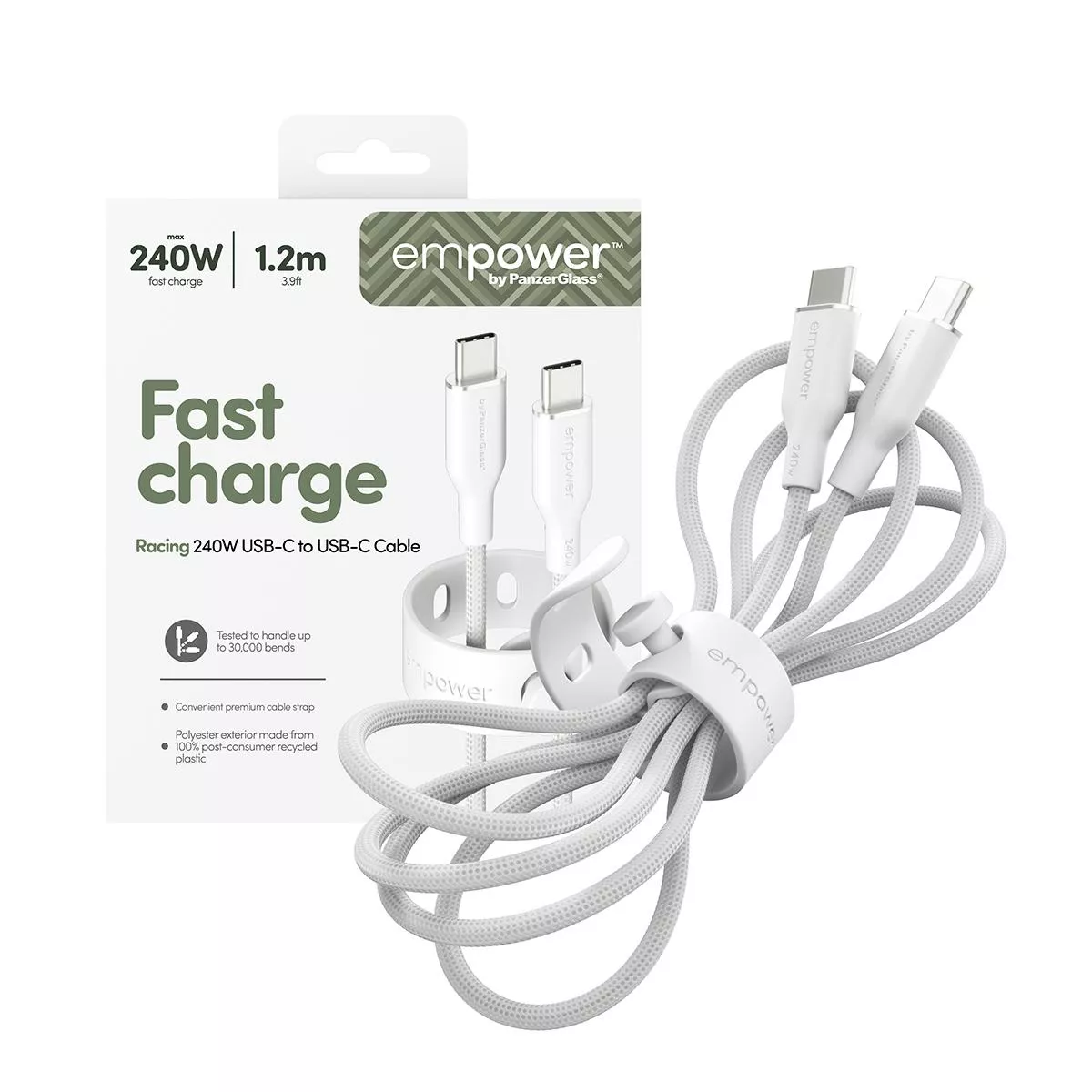 PanzerGlass USB-C to USB-C 1.2M 240W快充編織線(附束帶扣)-白