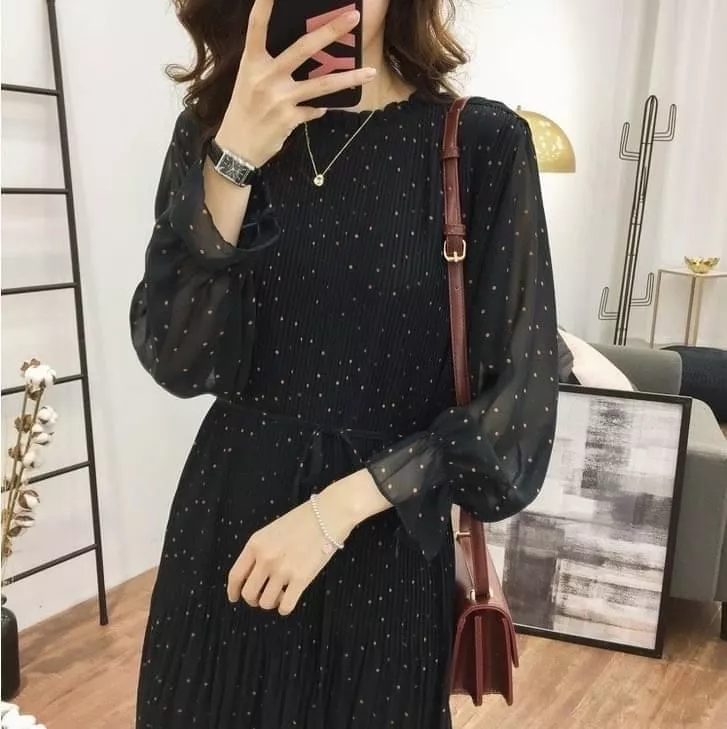 點點壓褶雪紡長洋